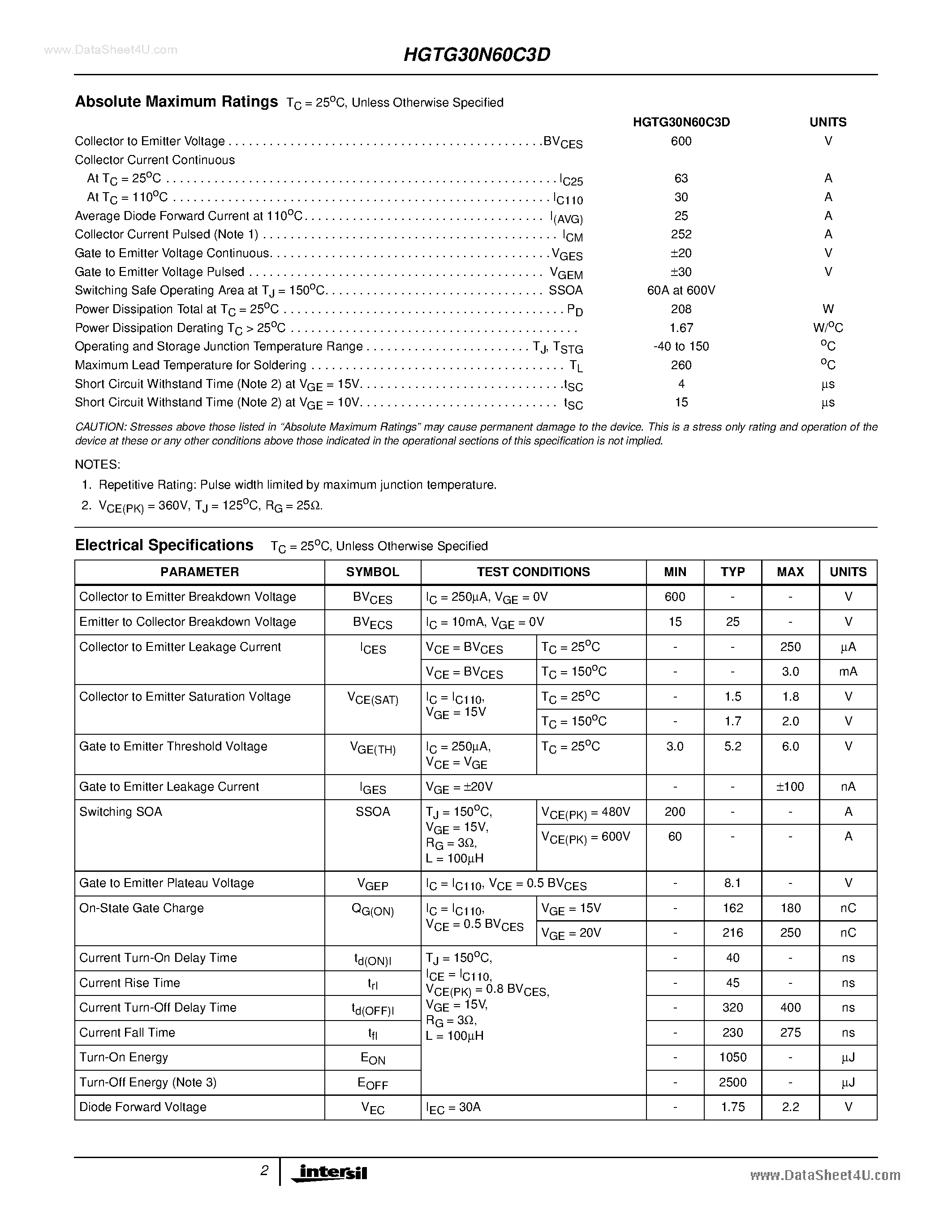 Даташит на микросхему G30N60C3D страница 2 Даташит G30N60C3D - Search -----> HGTG30N60C3D страница 2