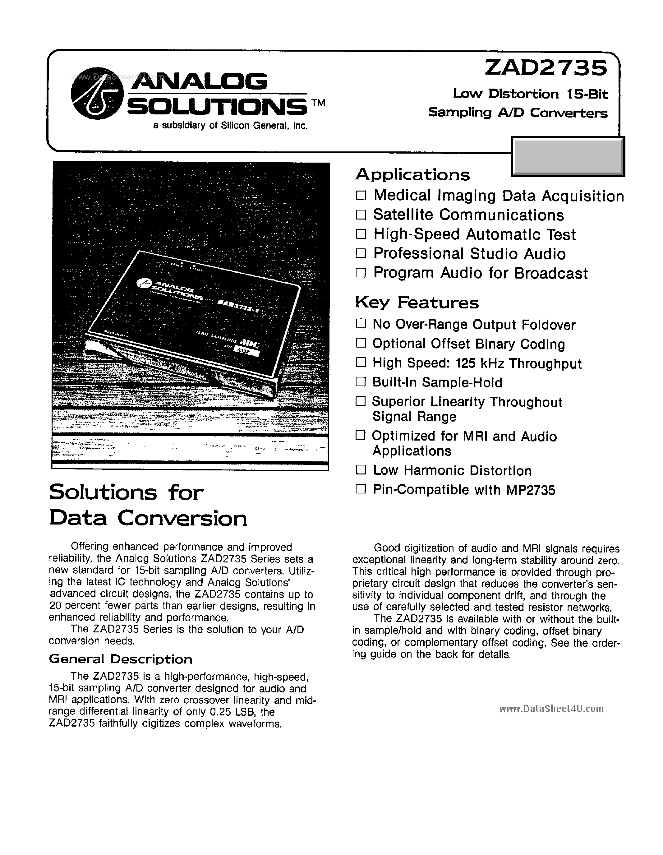 Datasheet ZAD2735 - Low Distortion 15-Bit Sampling A/D Converters page 1