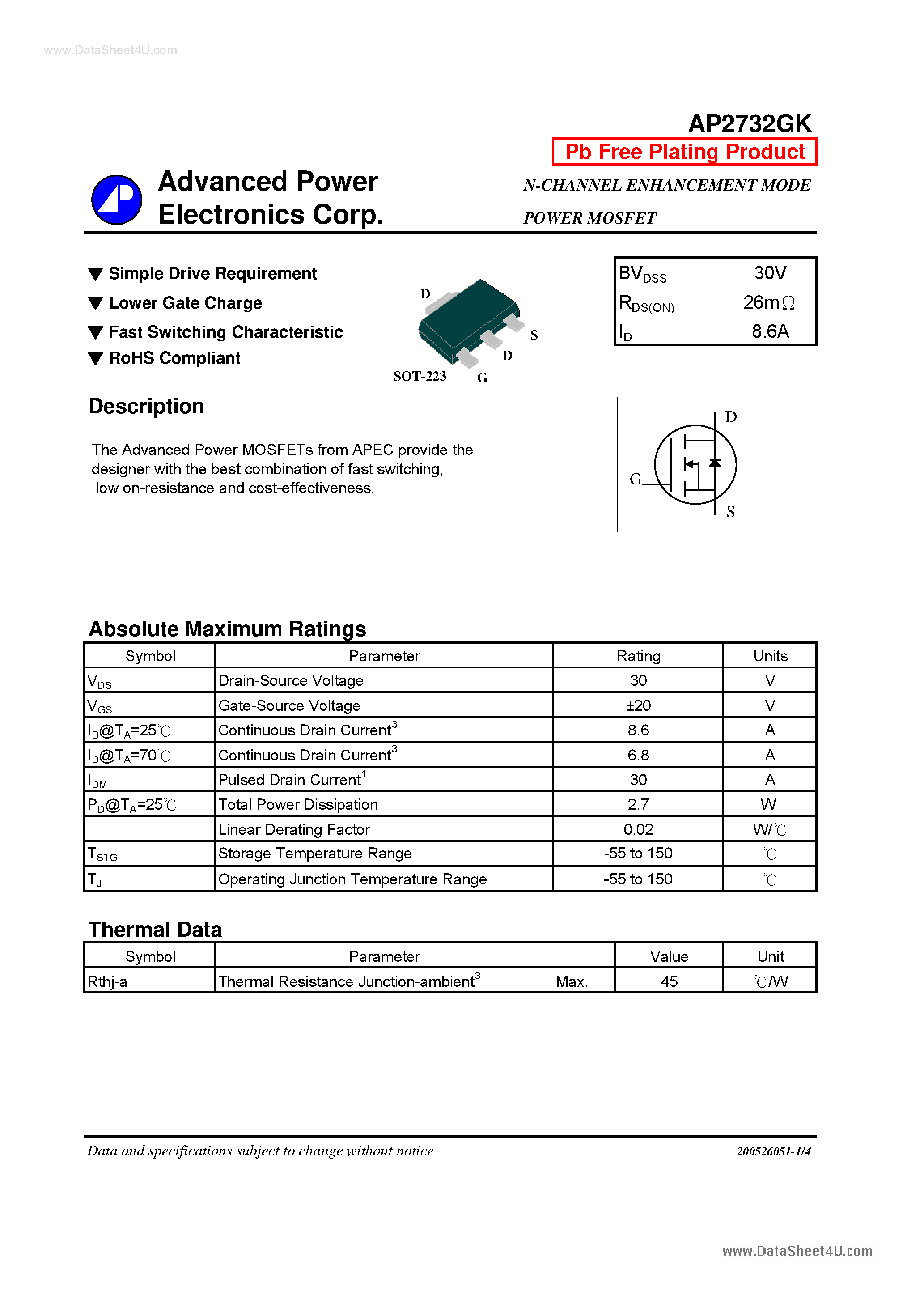 Datasheet AP2732GK - N-CHANNEL ENHANCEMENT MODE POWER MOSFET page 1