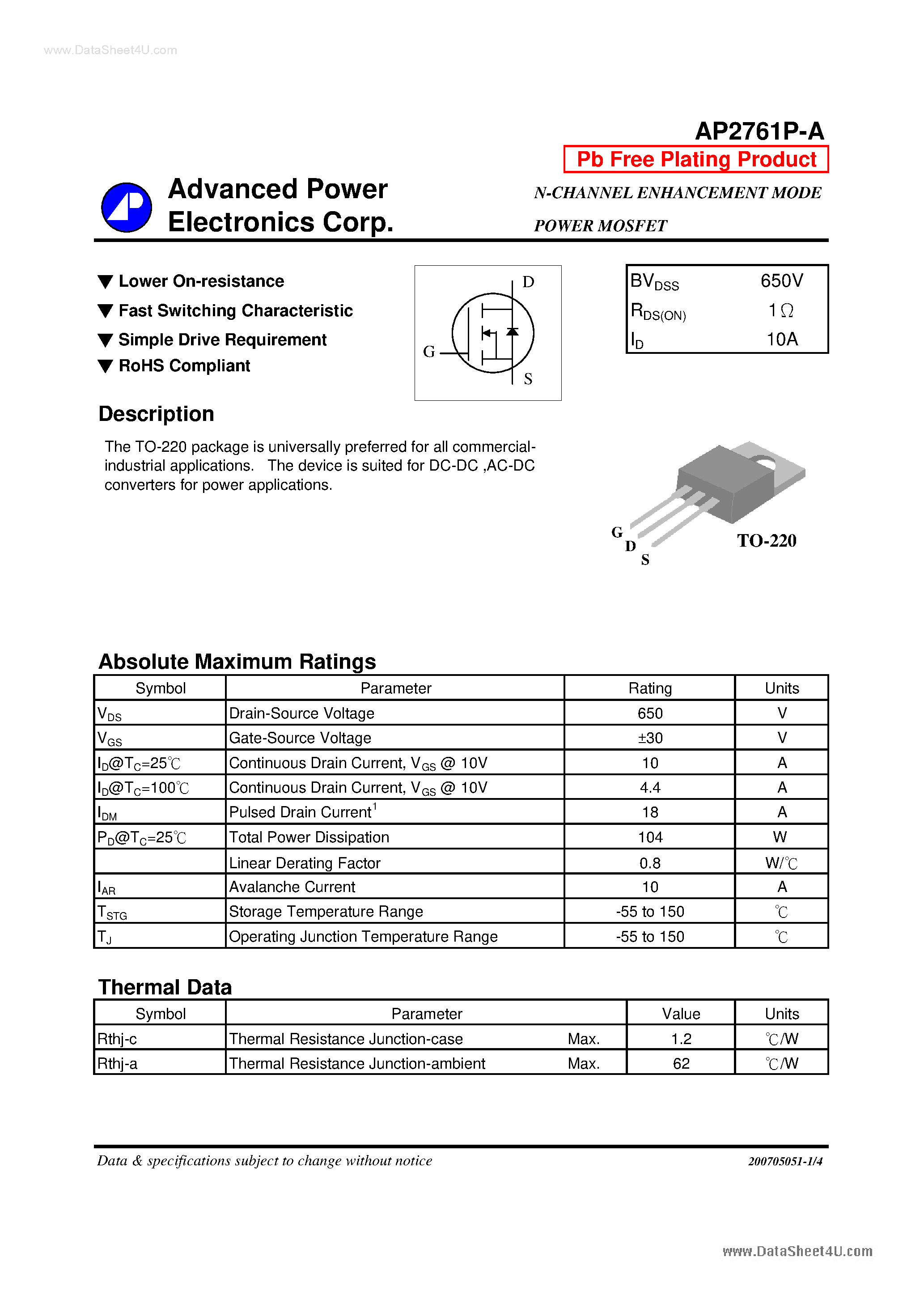 Datasheet AP2761P-A - N-CHANNEL ENHANCEMENT MODE POWER MOSFET page 1