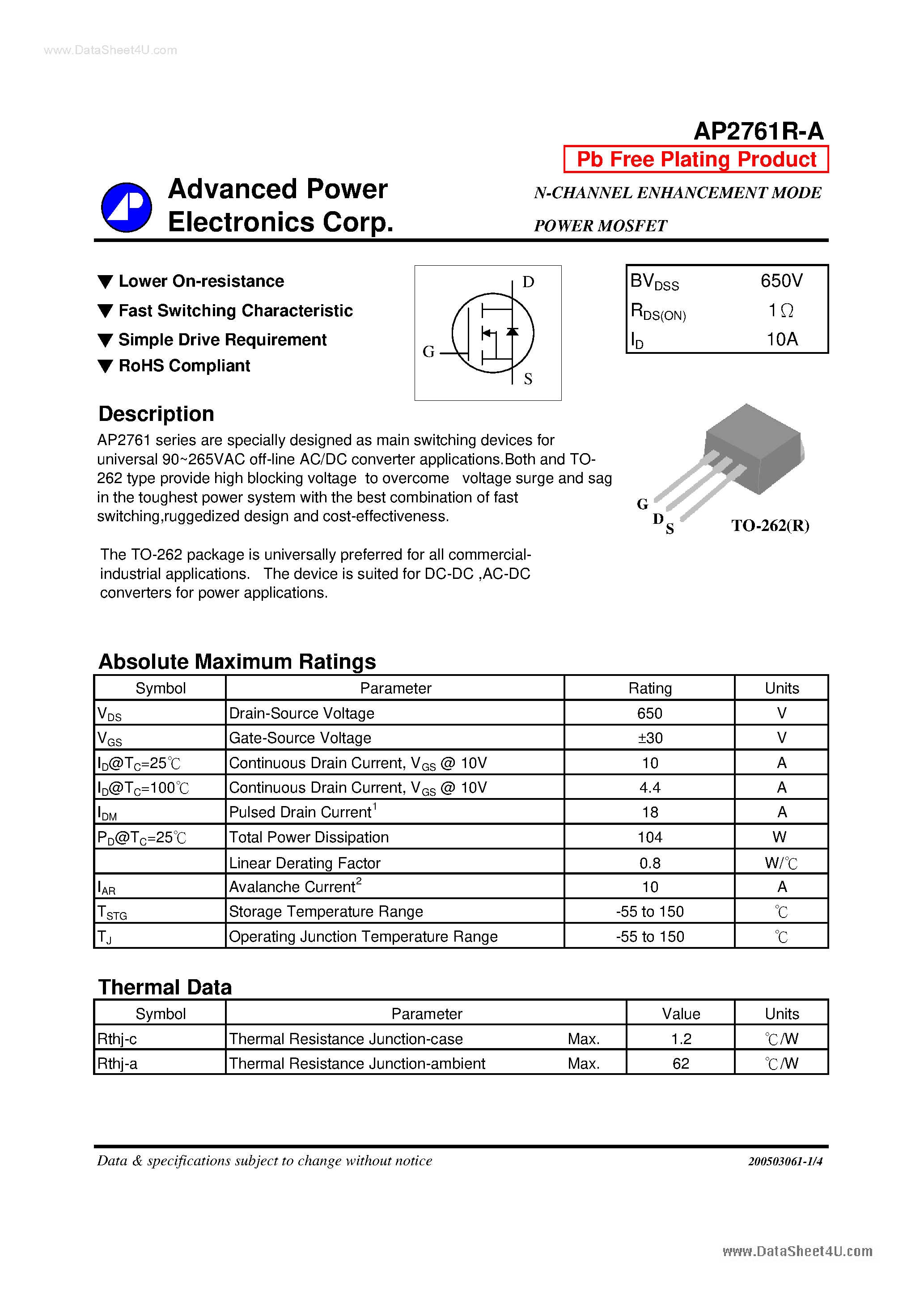 Datasheet AP2761R-A - N-CHANNEL ENHANCEMENT MODE POWER MOSFET page 1