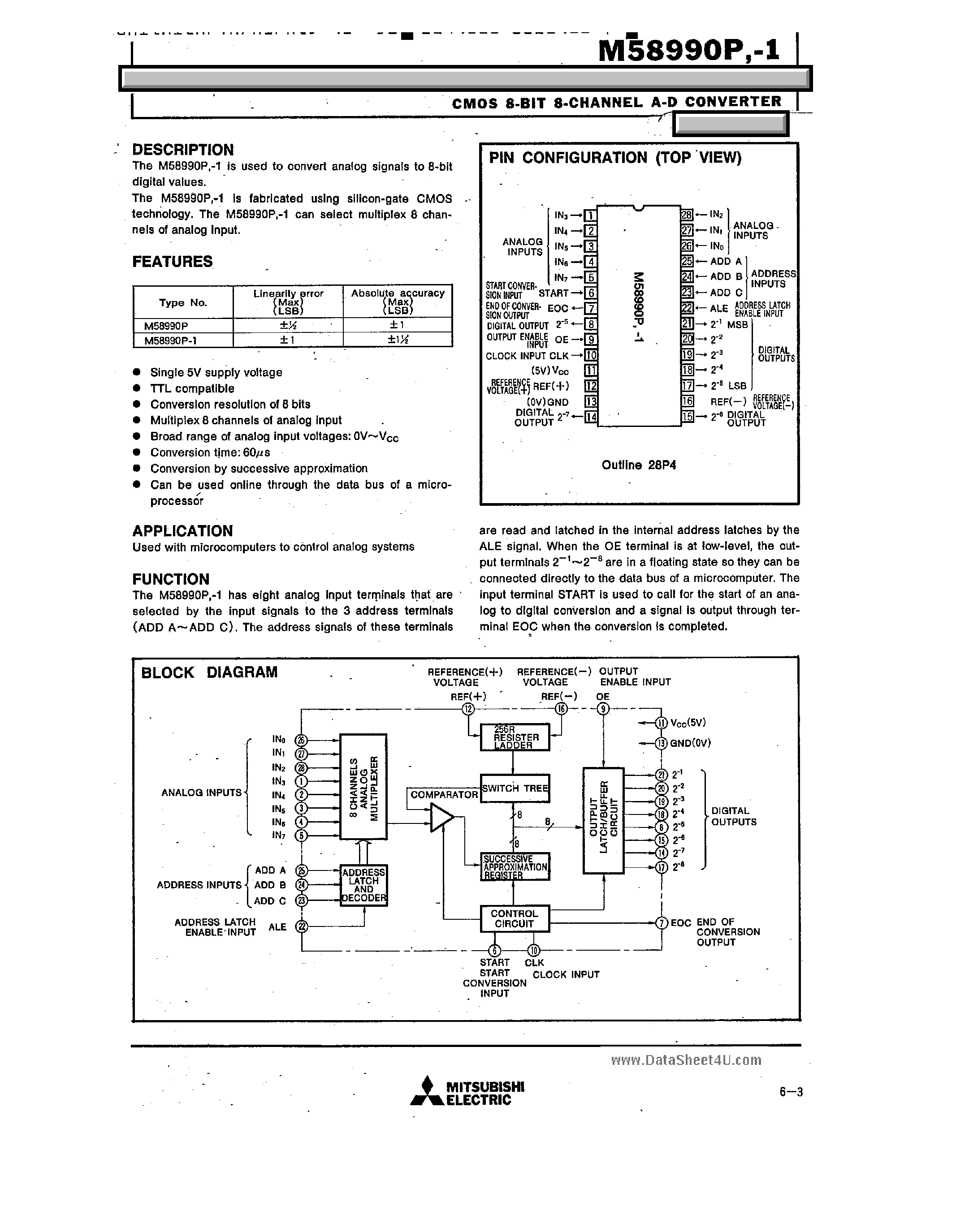 Даташит M58990P - CMOS 8-Bit 8-Channel A/D Converter страница 1
