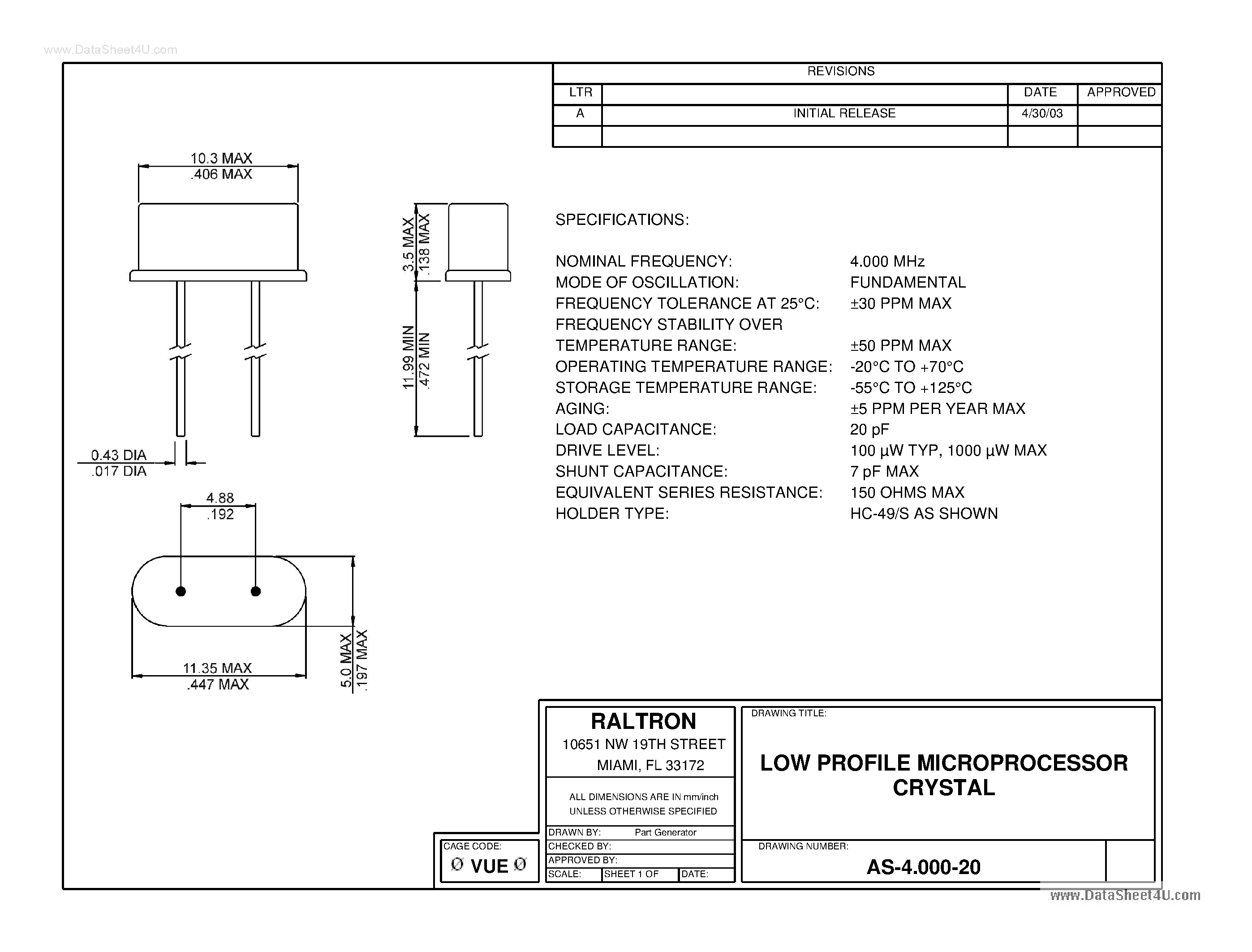 Datasheet AS-4.000-20 - LOW PROFILE MICROPROCESSOR CRYSTAL page 1