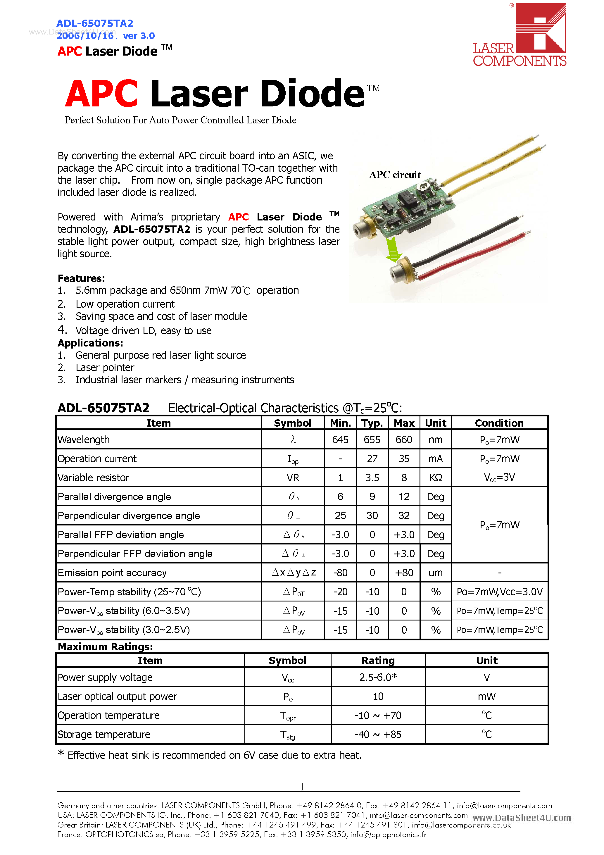 Datasheet ADL-65075TA2 - APC Laser Diode page 1