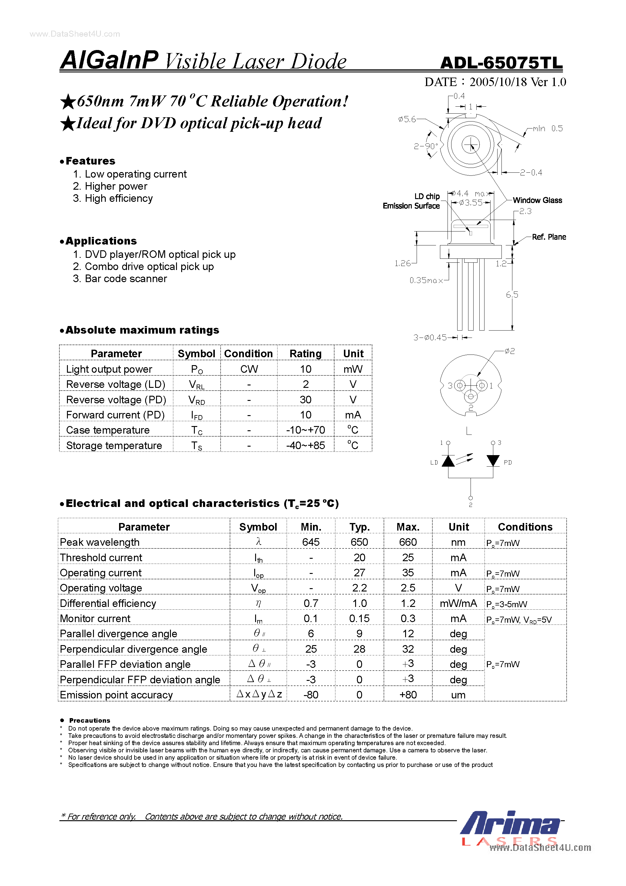 Datasheet ADL-65075TL page 1 Datasheet ADL-65075TL - Visible Laser Diode page 1