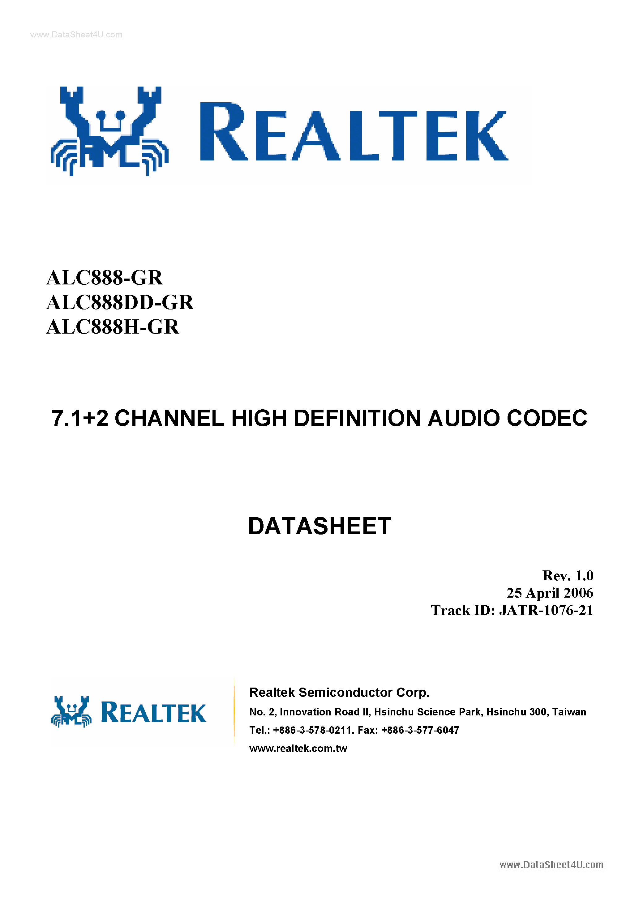 Datasheet ALC888-GR - 7.1 + 2-Channel High Definition Audio codec page 1