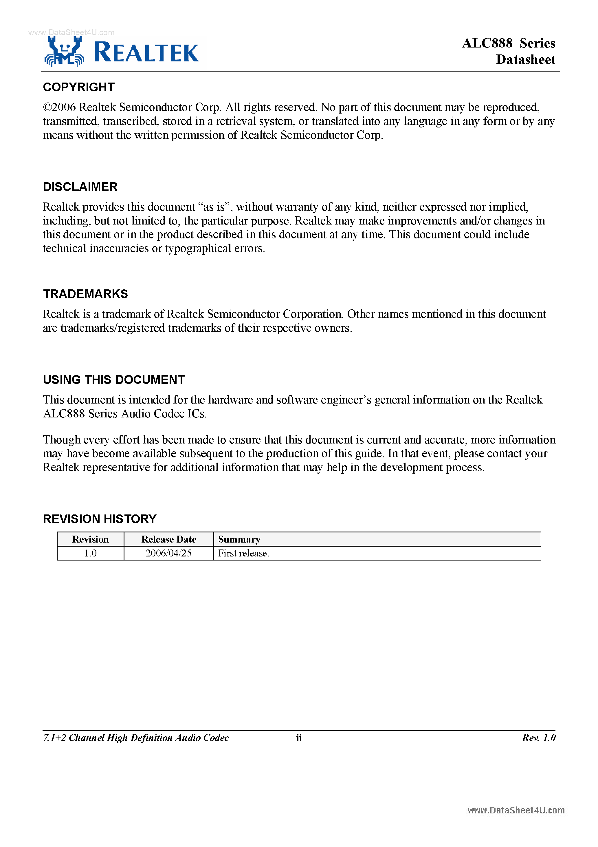 Datasheet ALC888-GR - 7.1 + 2-Channel High Definition Audio codec page 2