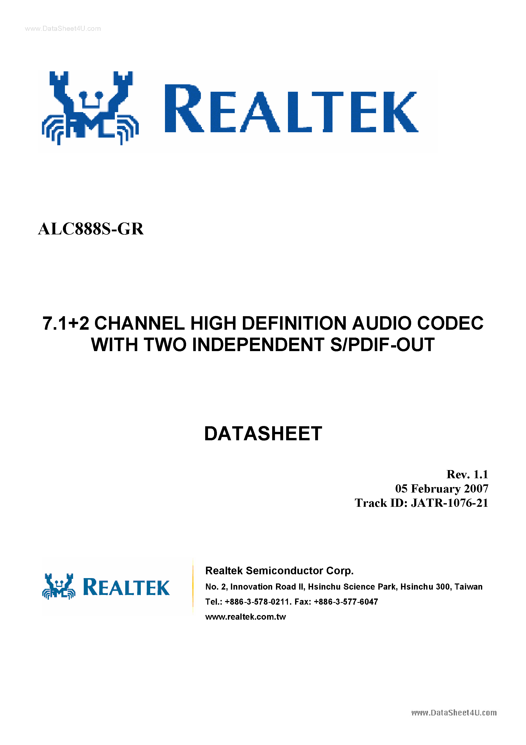 Datasheet ALC888S-GR - 7.1 + 2-Channel High Definition Audio codec page 1