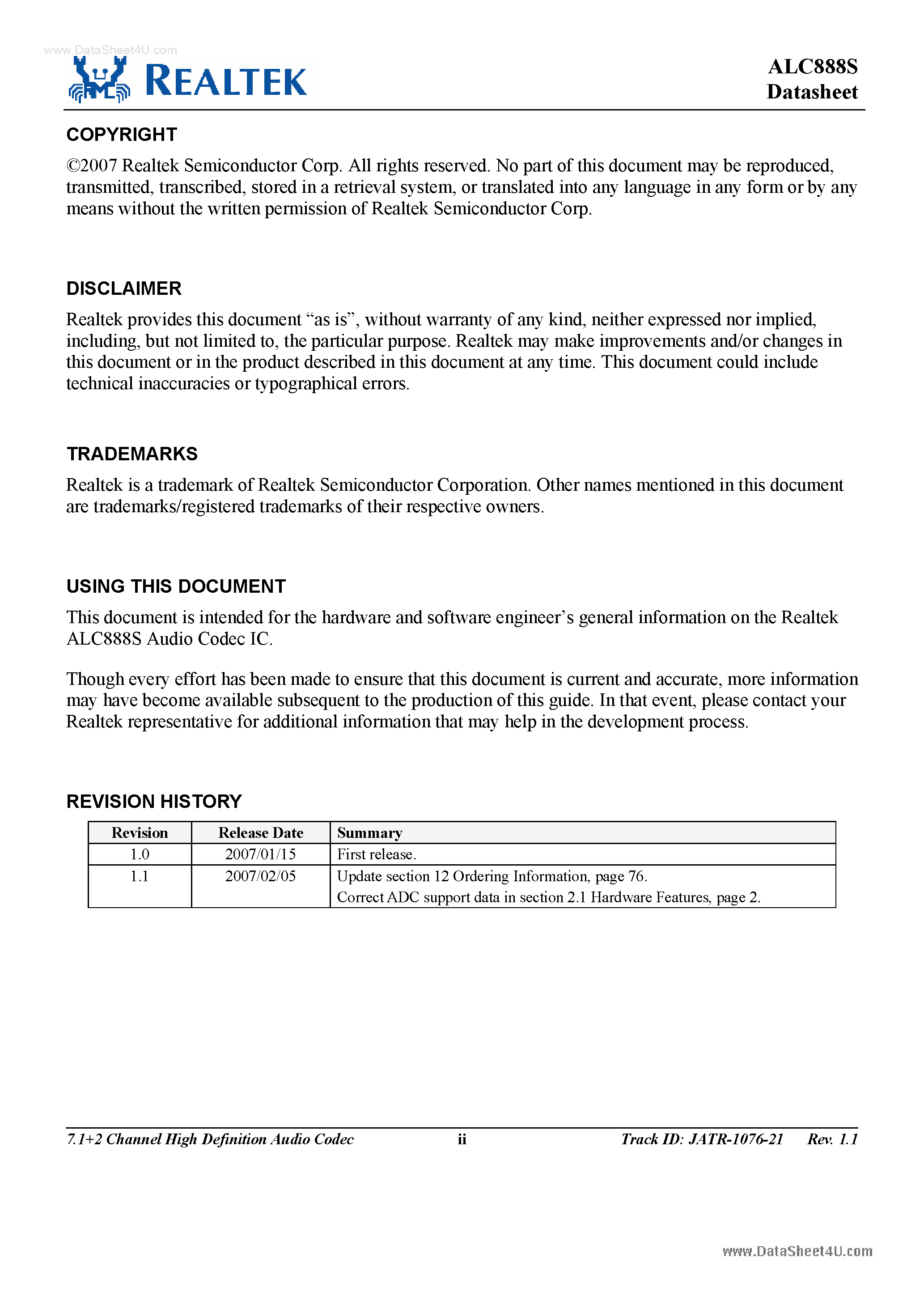 Datasheet ALC888S-GR - 7.1 + 2-Channel High Definition Audio codec page 2