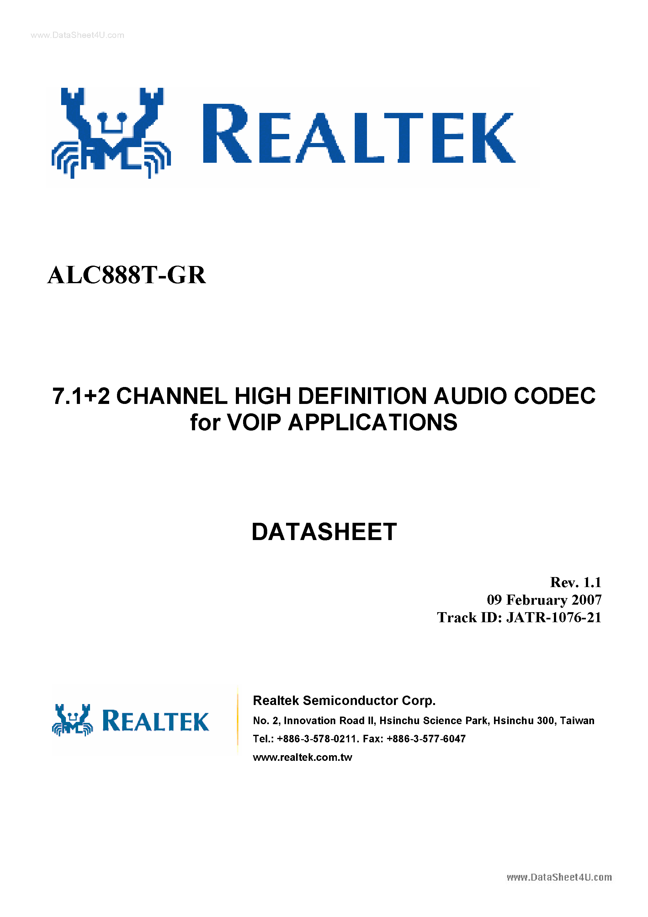 Datasheet ALC888T-GR - 7.1 + 2-Channel High Definition Audio codec page 1