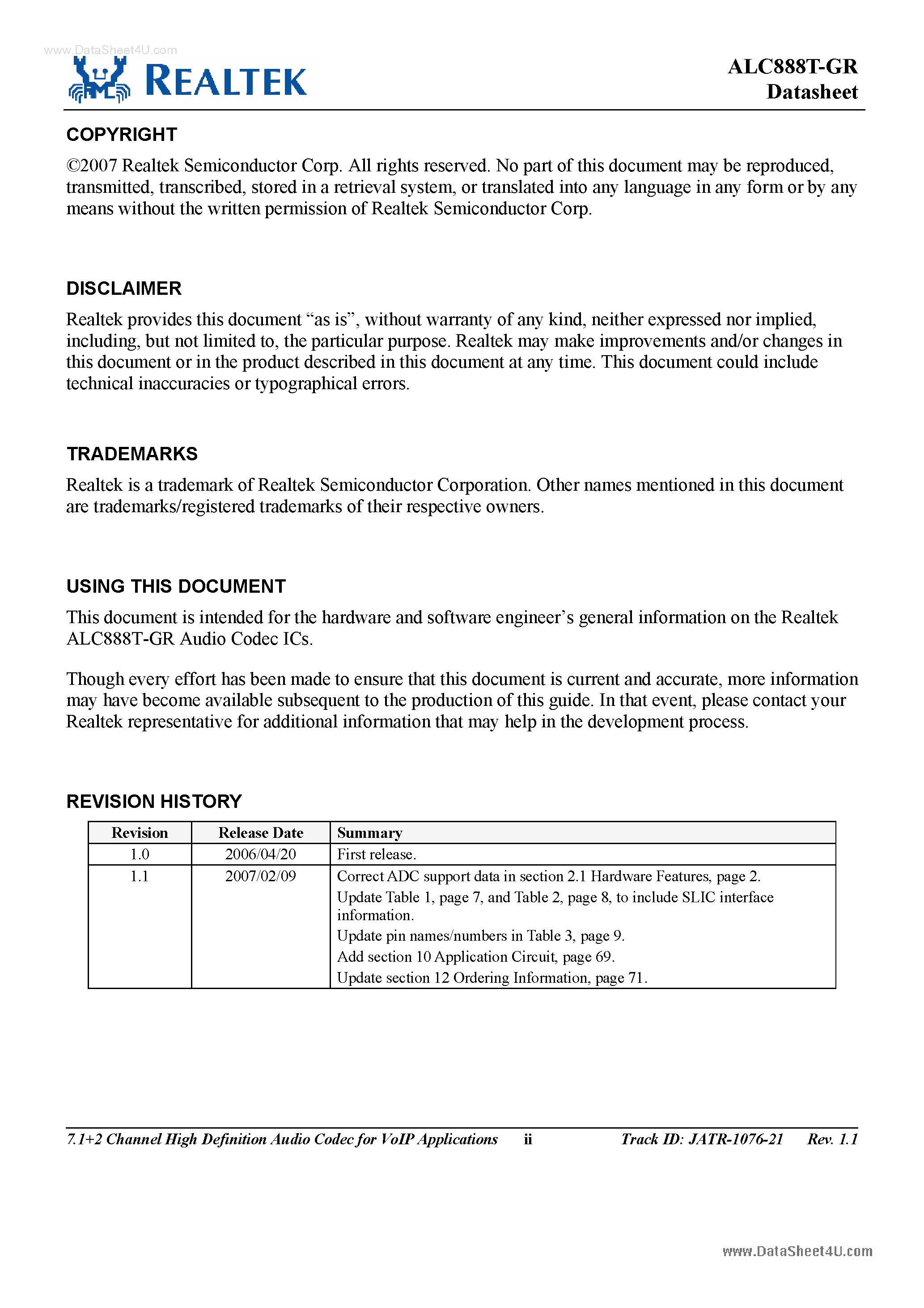Datasheet ALC888T-GR - 7.1 + 2-Channel High Definition Audio codec page 2