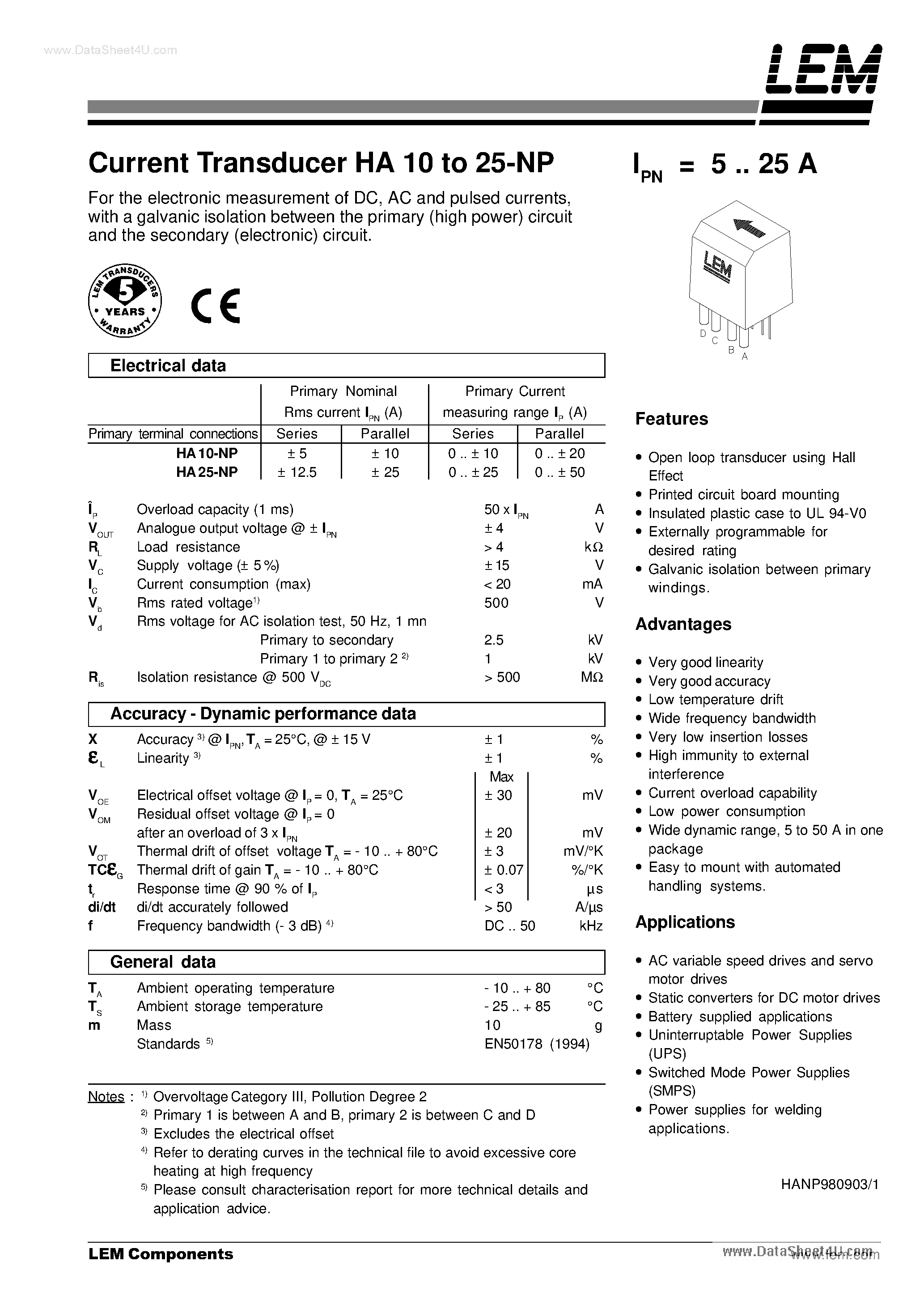 Datasheet HA10 page 1 Datasheet HA10 - Current Transducer 5/10a page 1