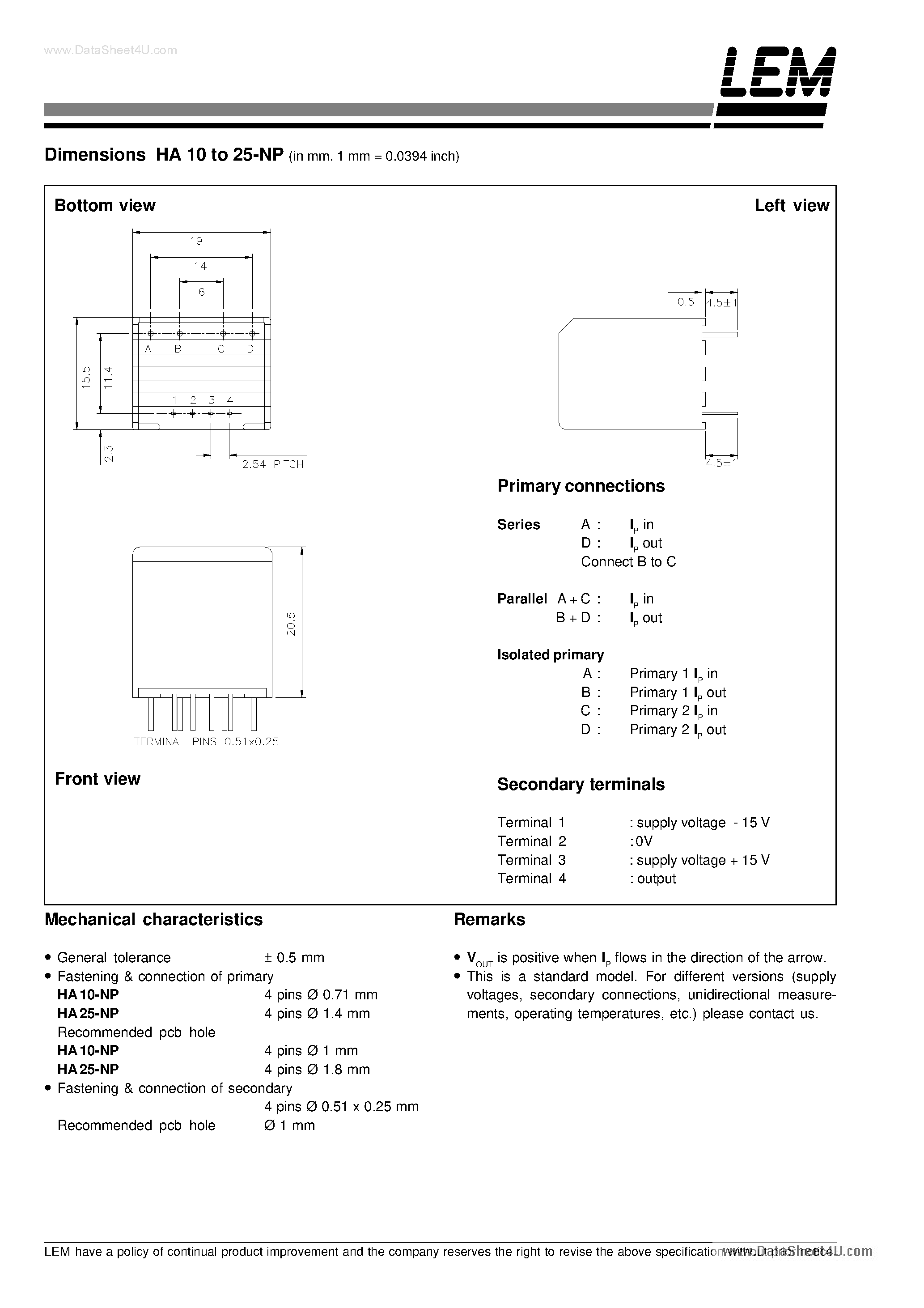 Datasheet HA10 page 2 Datasheet HA10 - Current Transducer 5/10a page 2