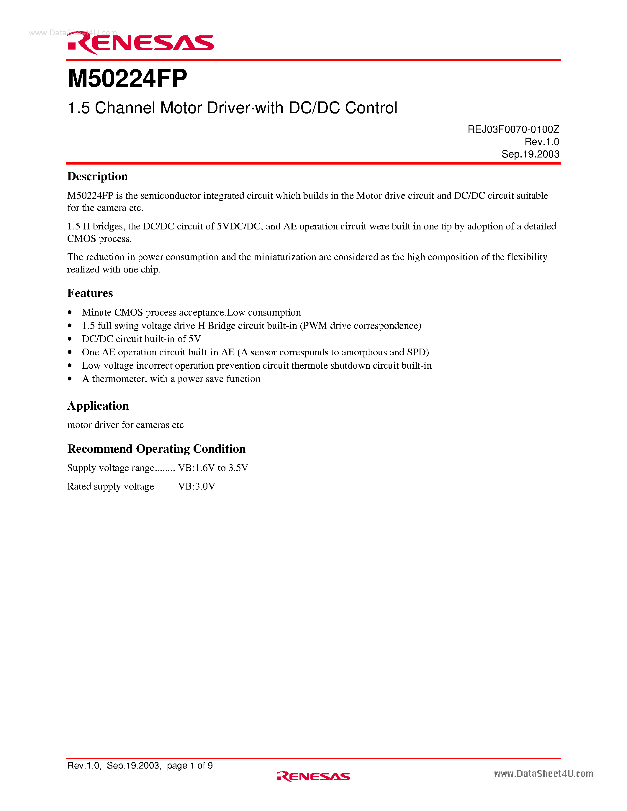 Datasheet M50224FP - 1.5 Channel Motor Driver page 1