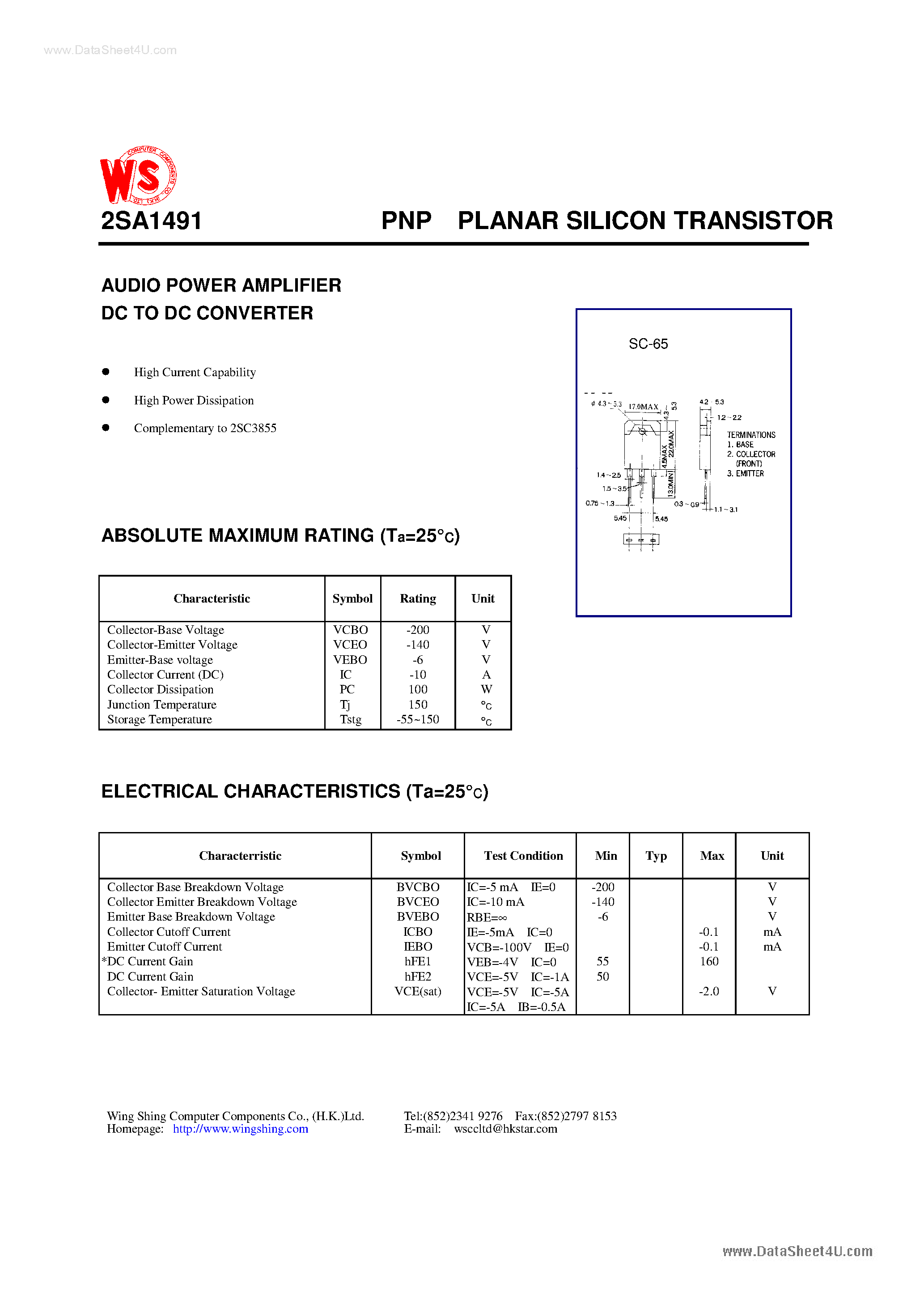 Даташит на микросхему A1491 страница 1 Даташит A1491 - Search -----> 2SA1491 страница 1