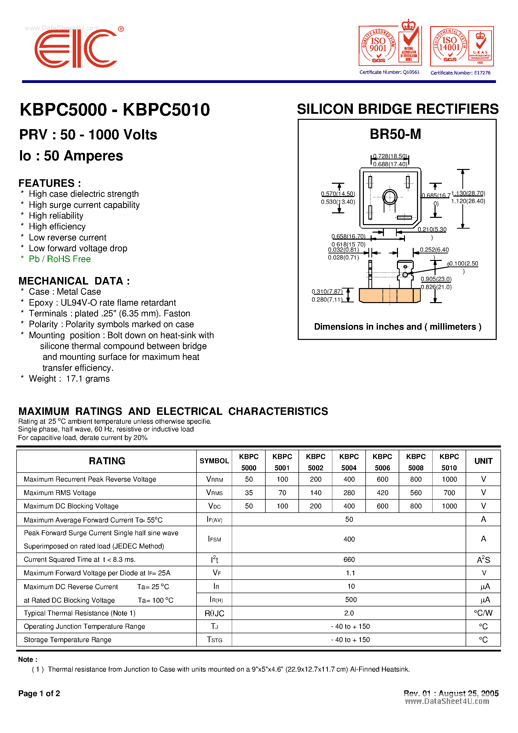 Datasheet KBPC5000 page 1 Datasheet KBPC5000 - (KBPC5000 - KBPC5010) SILICON BRIDGE RECTIFIERS page 1