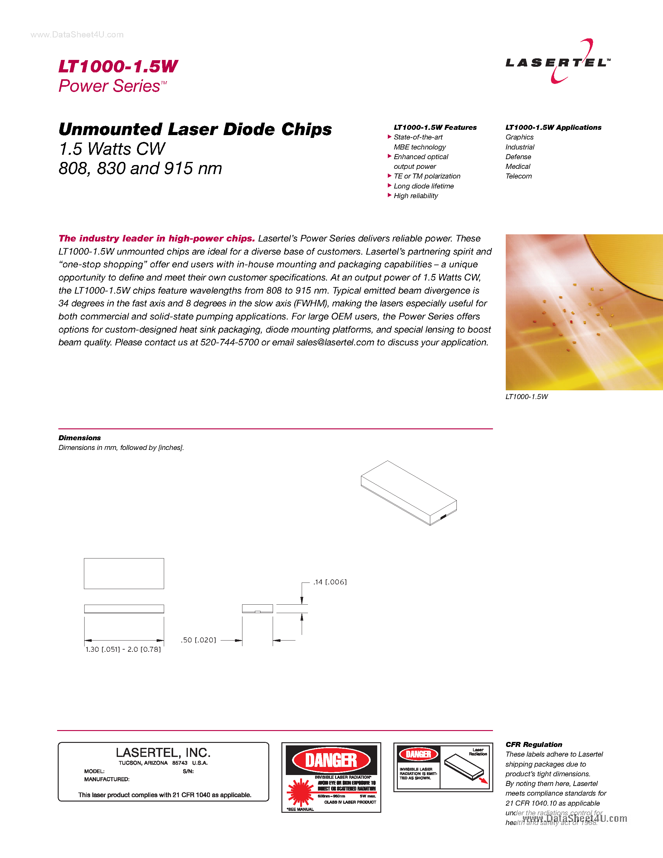 Даташит LT1000-1.5W - Unmounted Laser Diode Chips страница 1