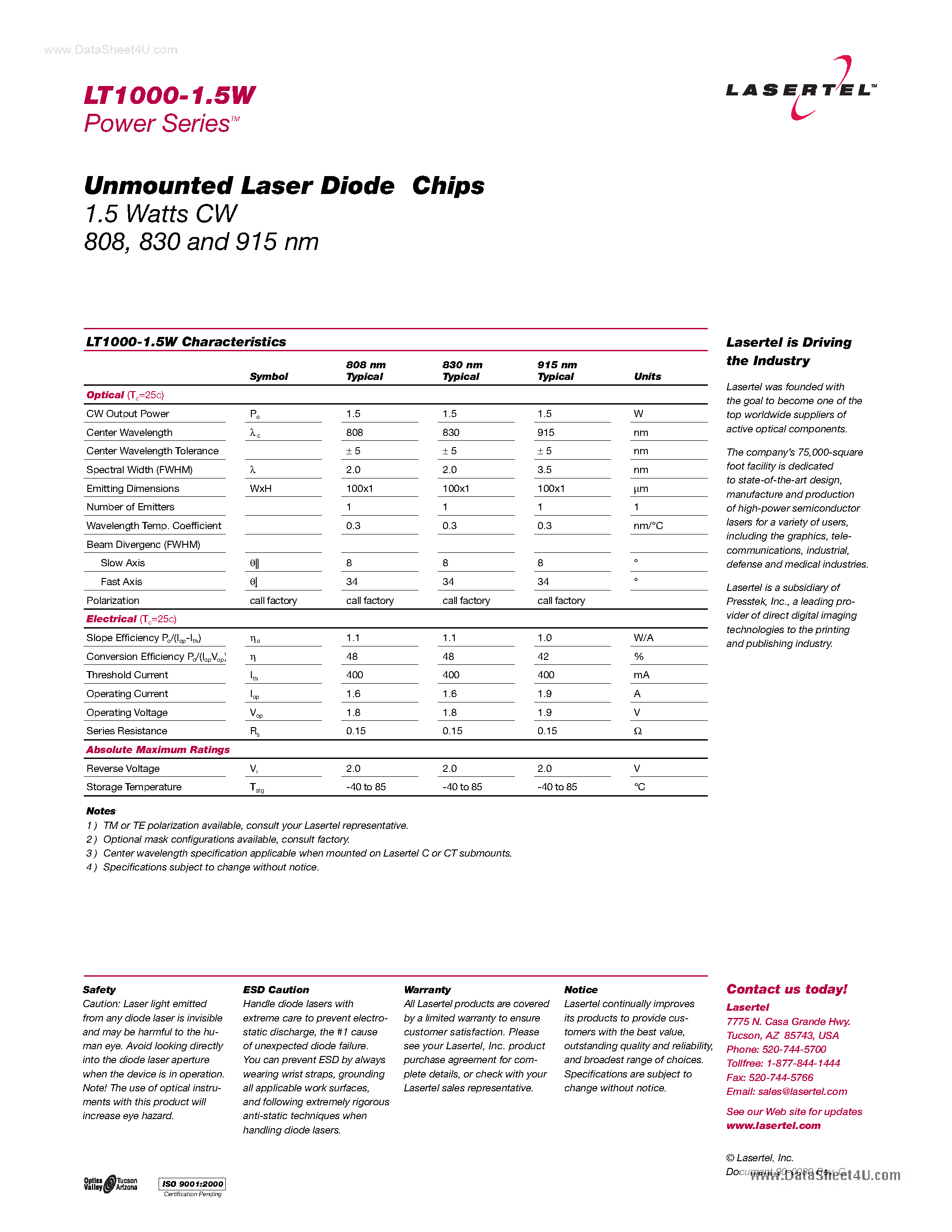 Даташит LT1000-1.5W - Unmounted Laser Diode Chips страница 2