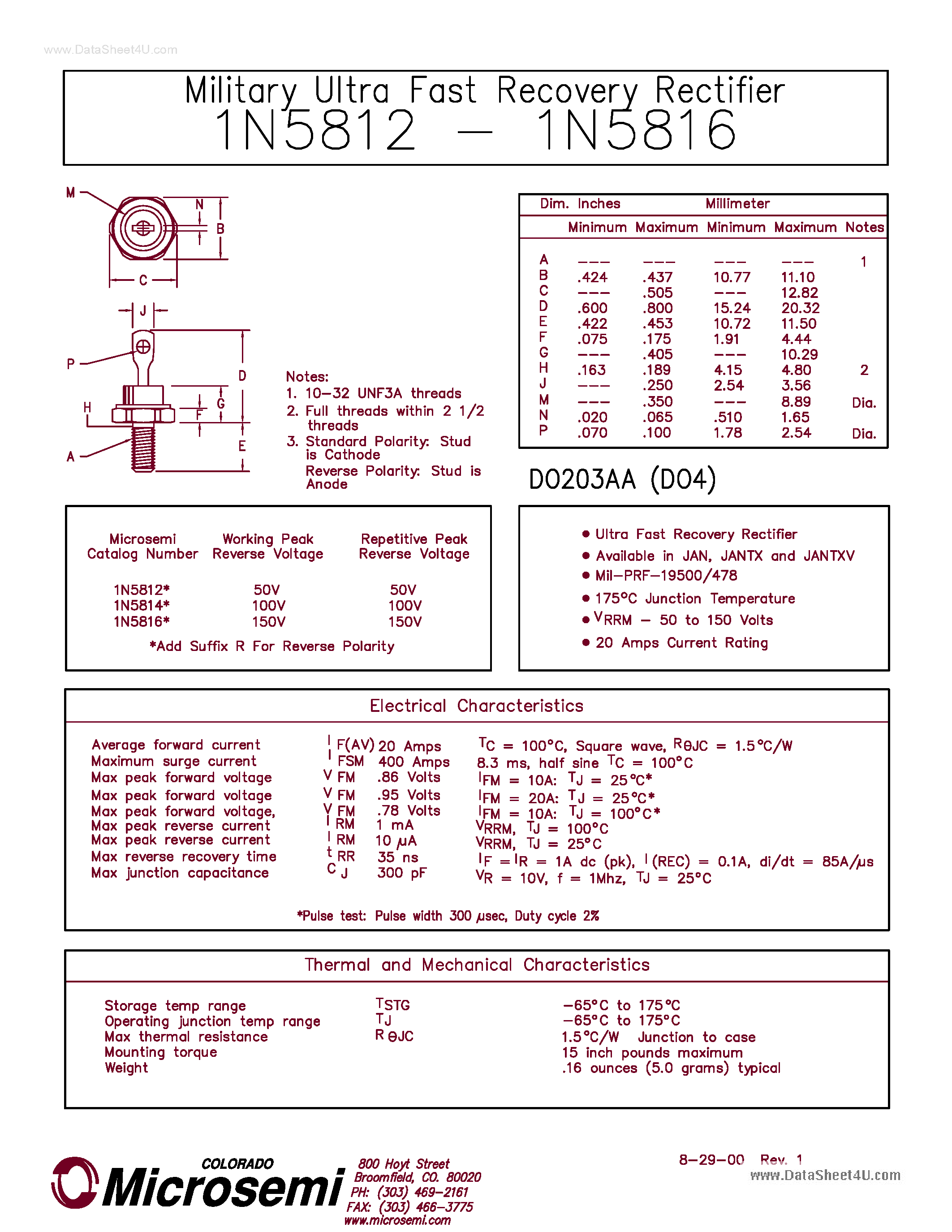 Datasheet IN5812 page 1 Datasheet IN5812 - (IN5812 - IN5816) Military FAST RECOVERY RECTIFIER page 1