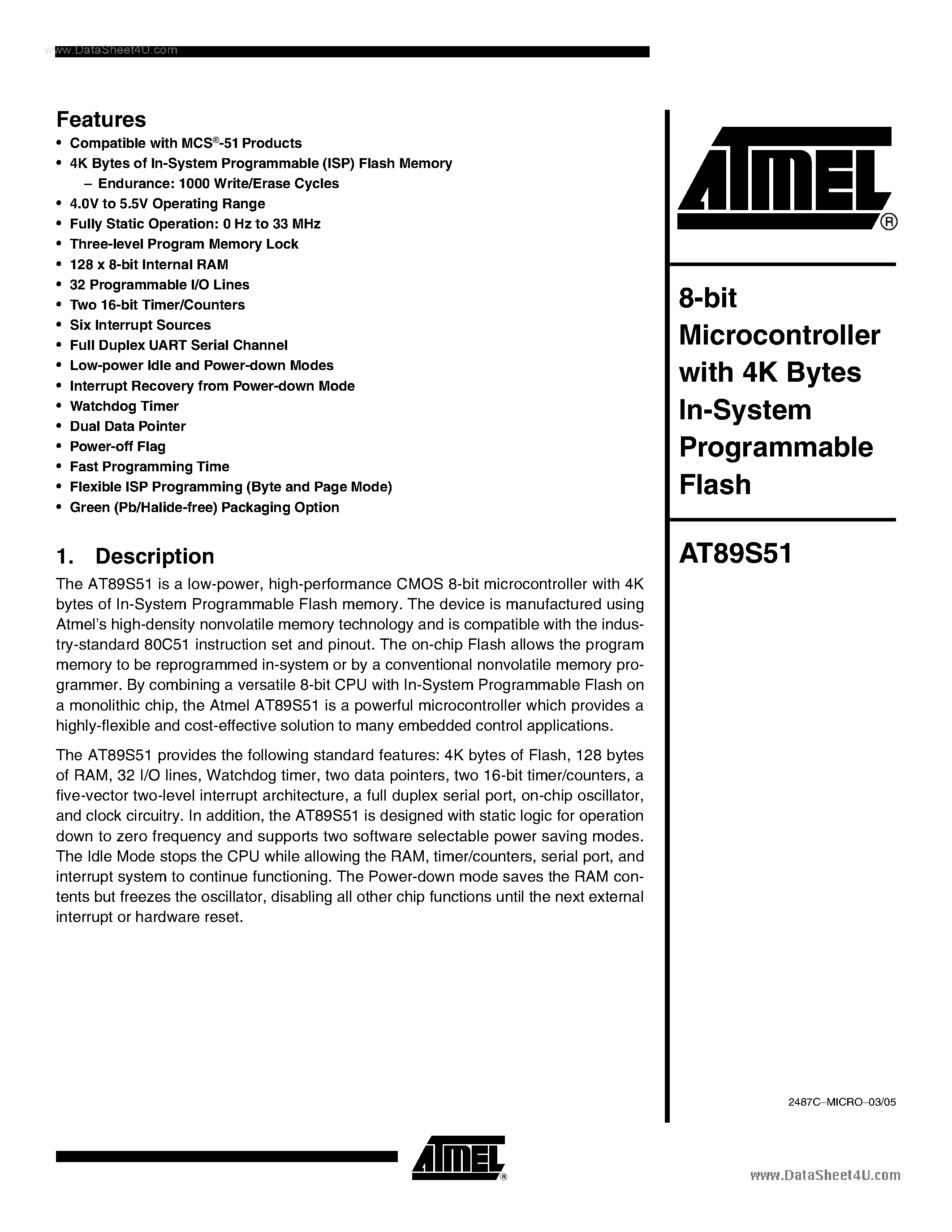 Datasheet 89S51 - 8-bit Microcontroller page 1