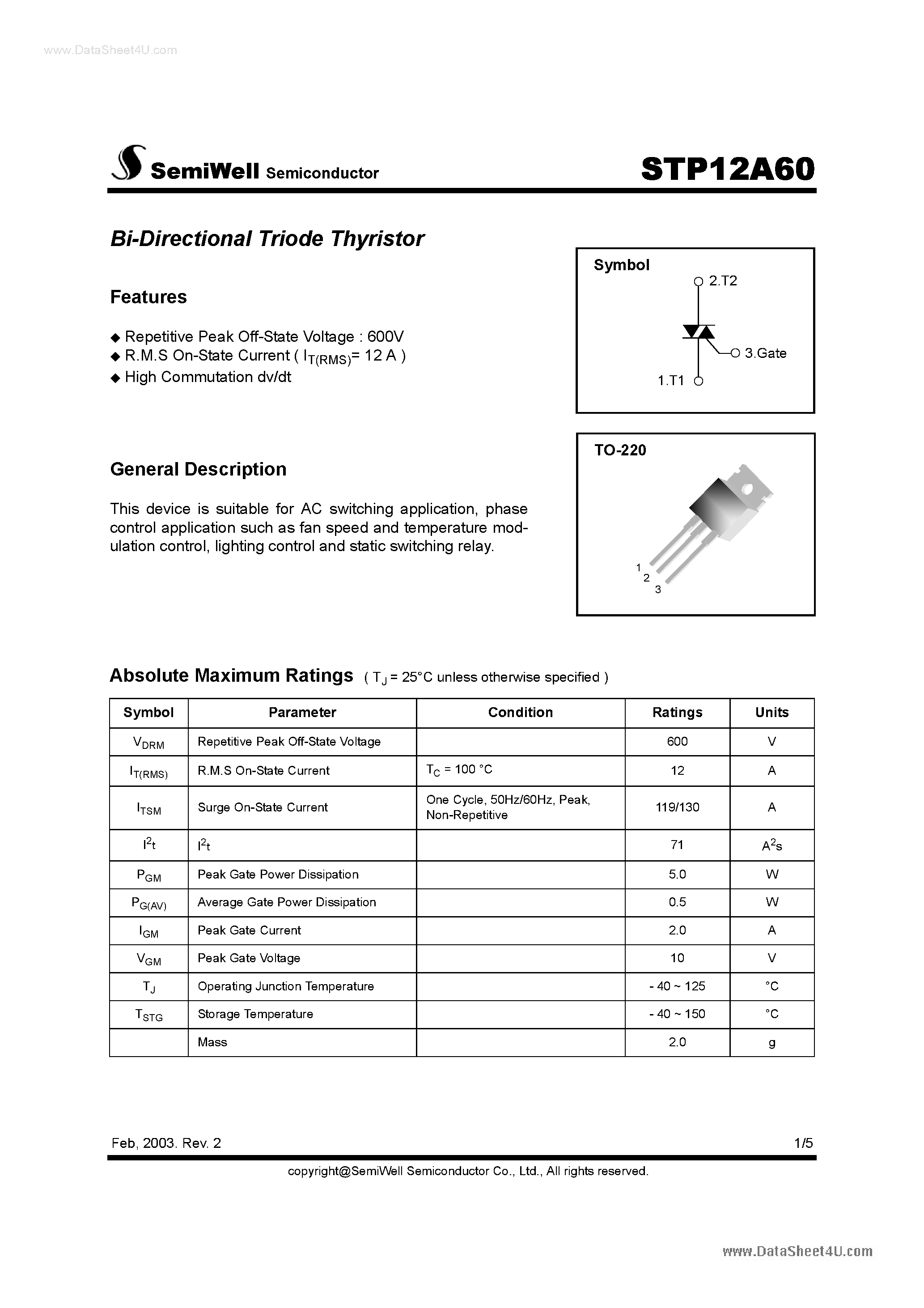 Даташит на микросхему STP12A60 страница 1 Даташит STP12A60 - Bi-Directional Triode Thyristor страница 1