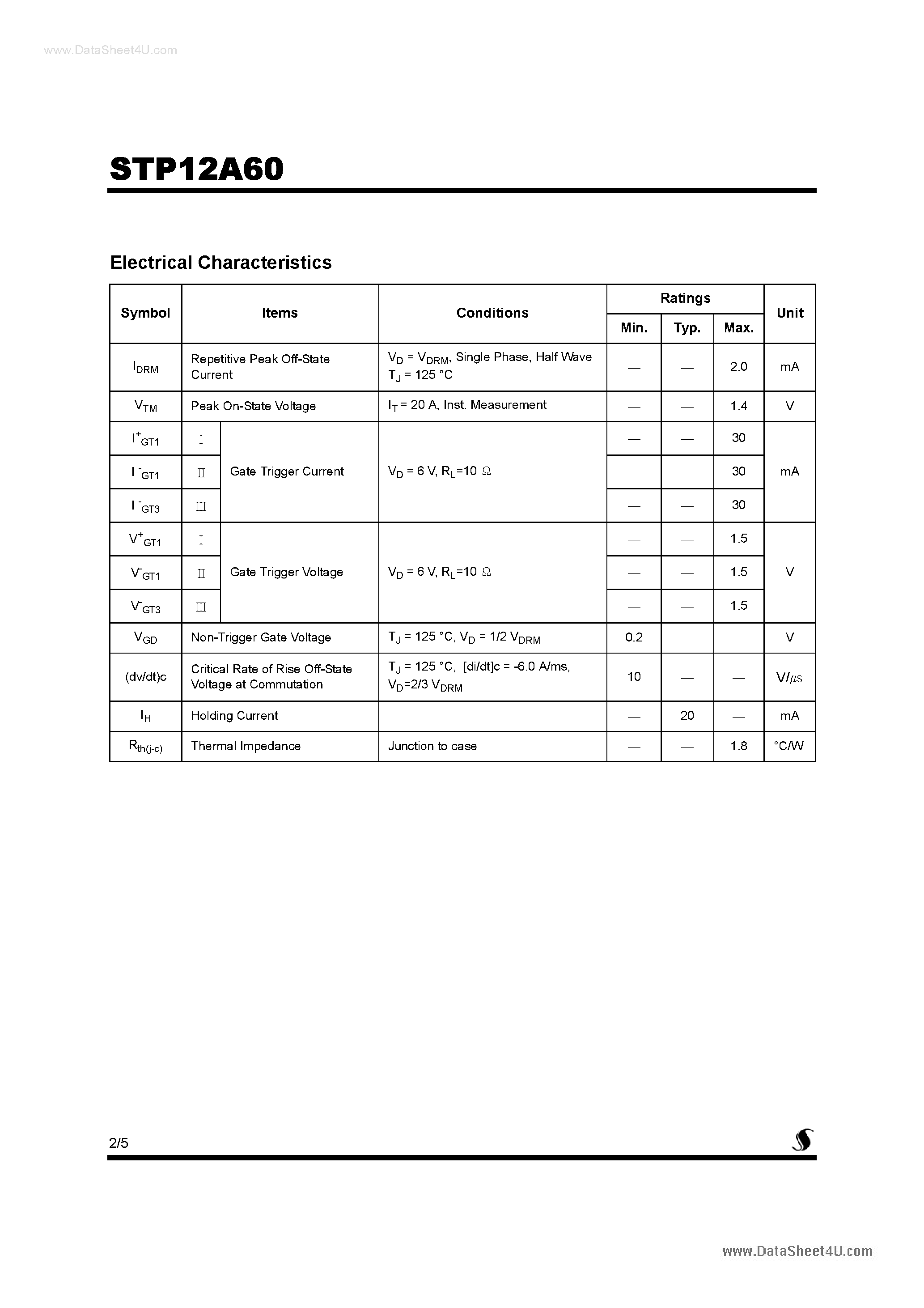 Даташит на микросхему STP12A60 страница 2 Даташит STP12A60 - Bi-Directional Triode Thyristor страница 2