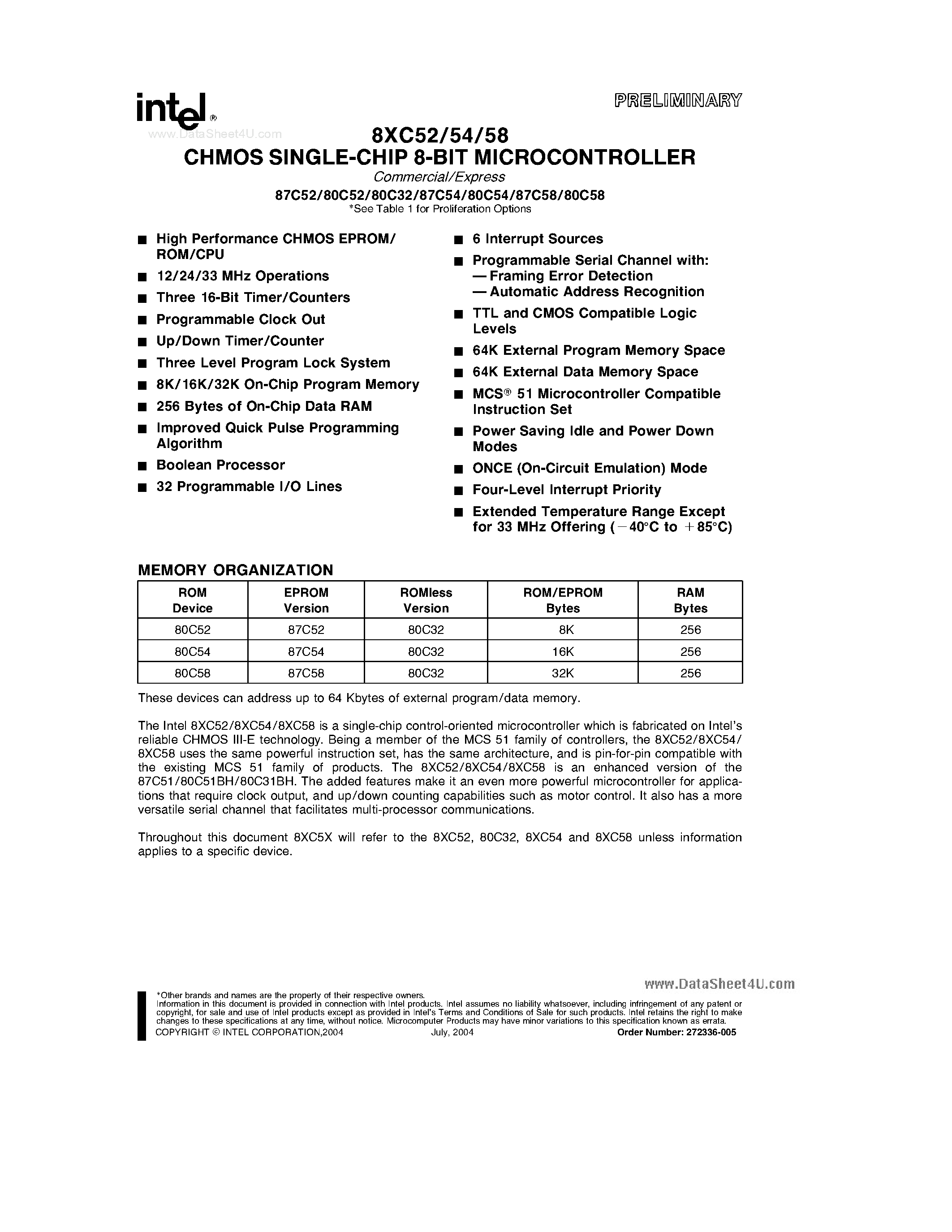 Datasheet N80C32 - (N80Cxx) CHMOS Single-Chip 8-Bit Microcontroller page 1