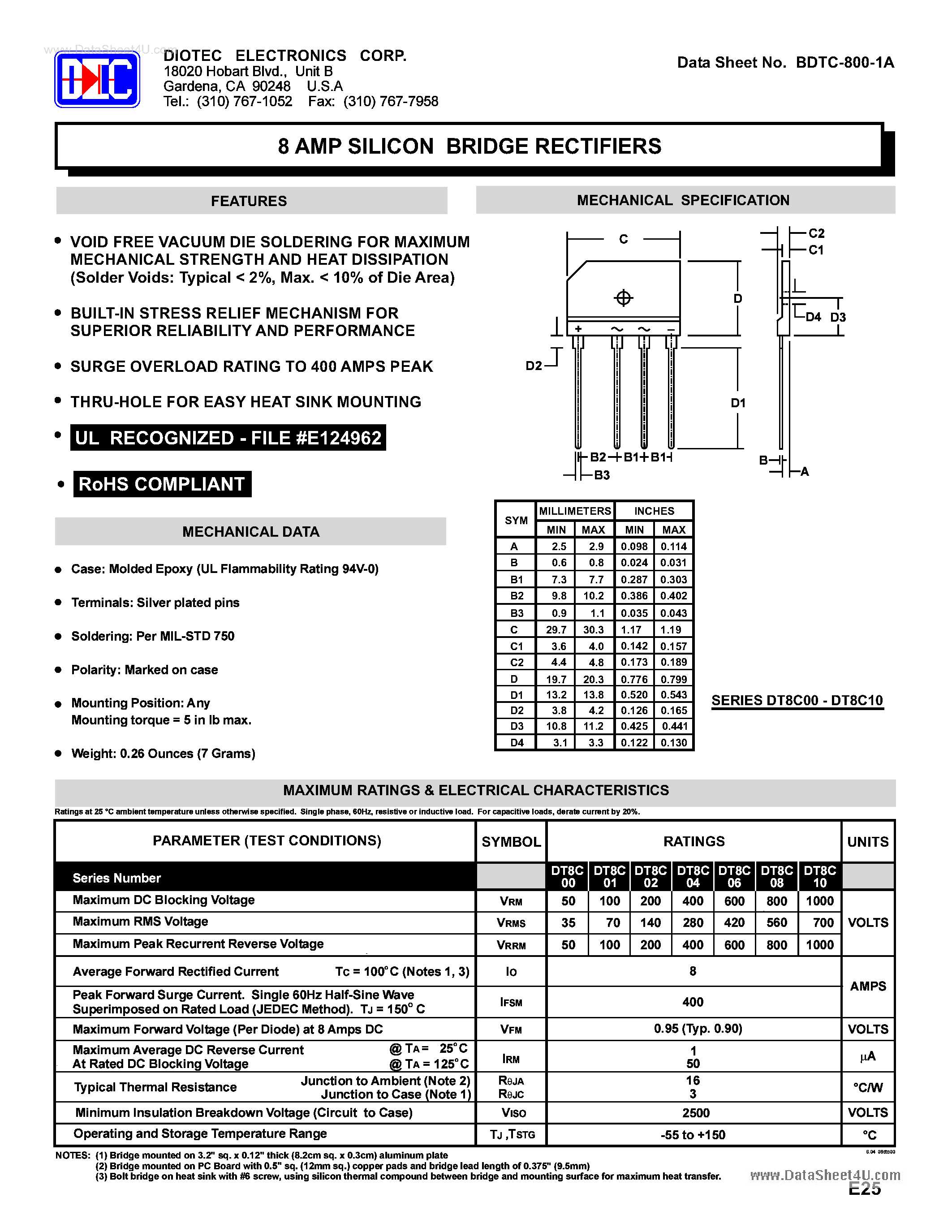Datasheet DT8C00 - (DT8C00 - DT8C10) 8 AMP SILICON BRIDGE RECTIFIERS page 1