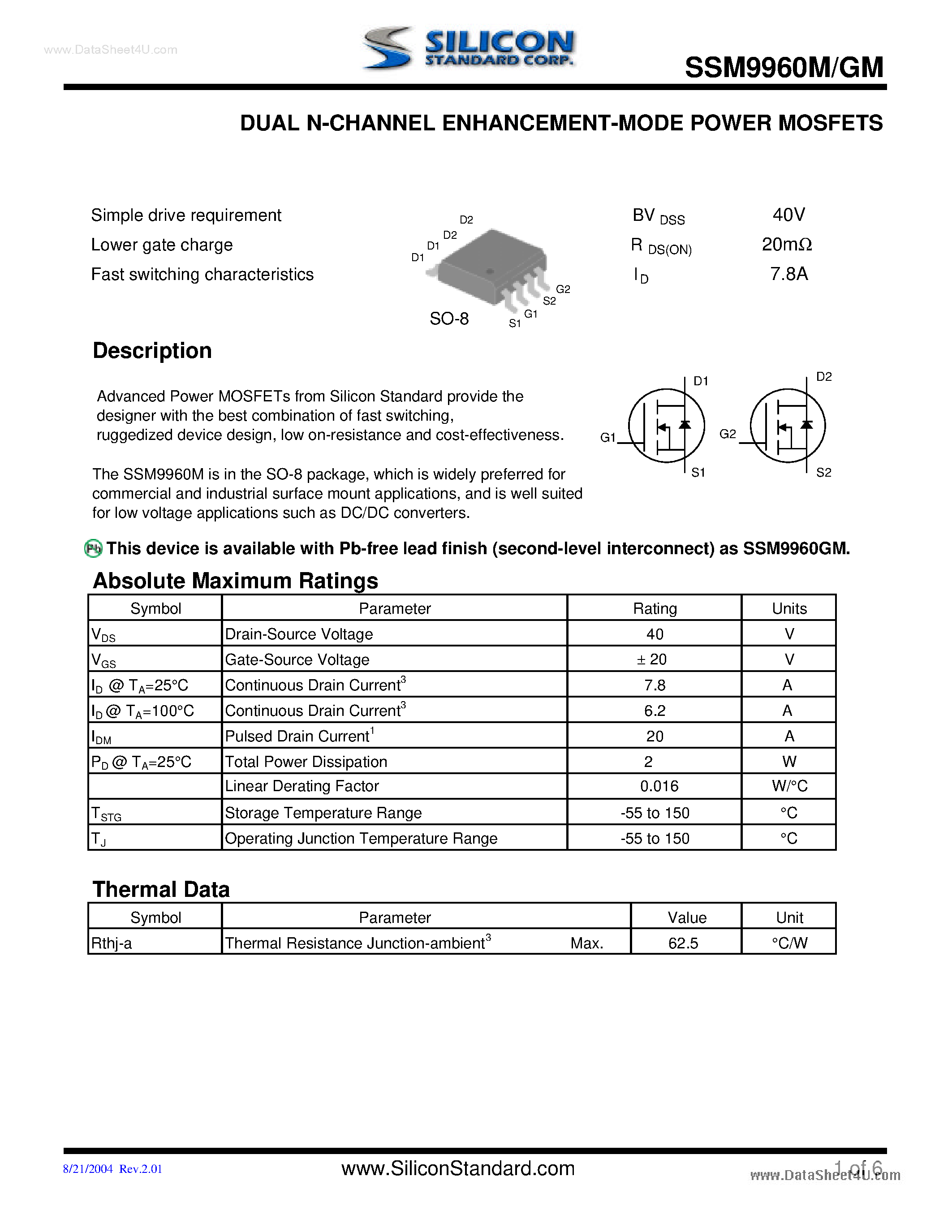 Datasheet SSM9960GM - Dual N-Channel Enhancement Mode Power MOSFET page 1