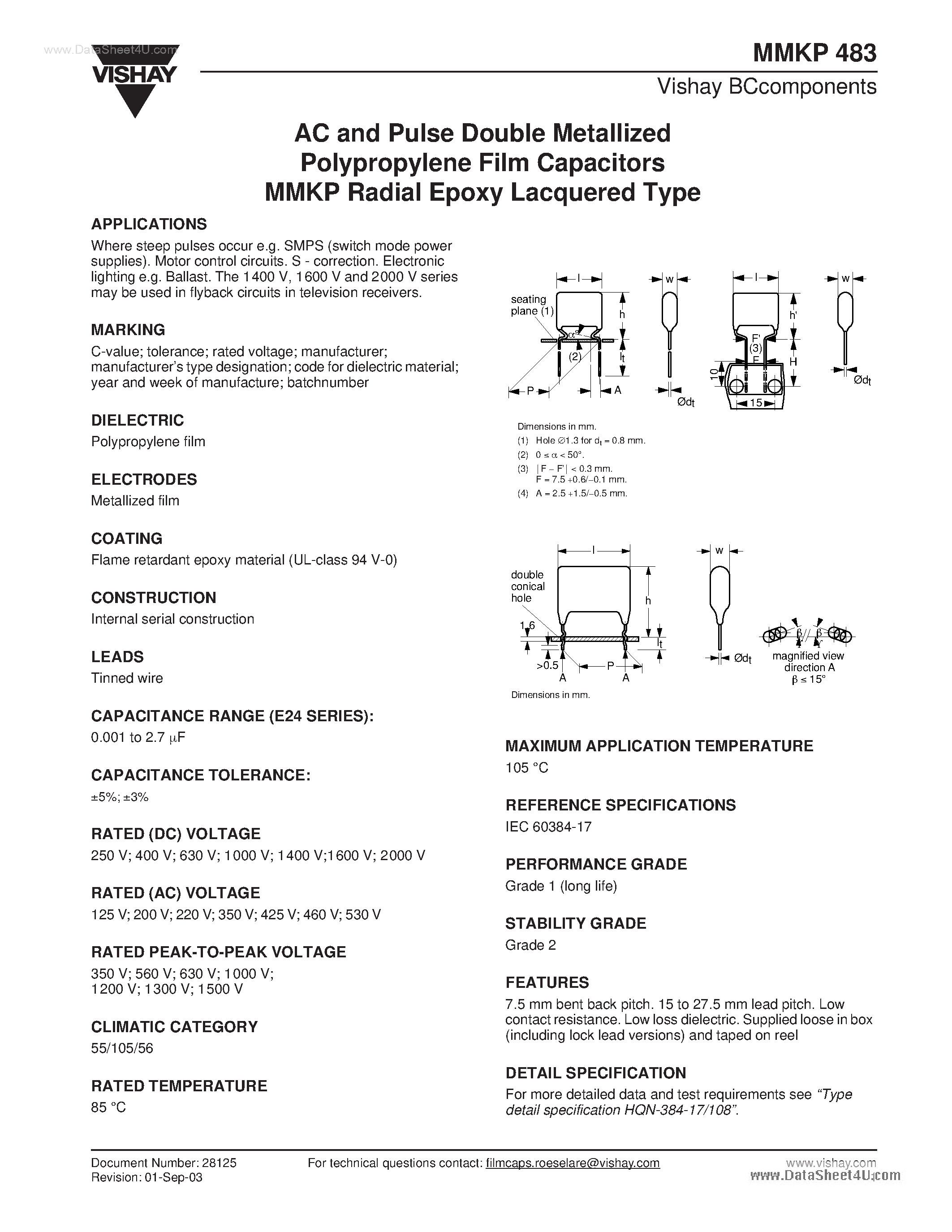 Даташит MMKP483 - AC and Pulse Double Metallized Polypropylene Film Capacitors страница 1