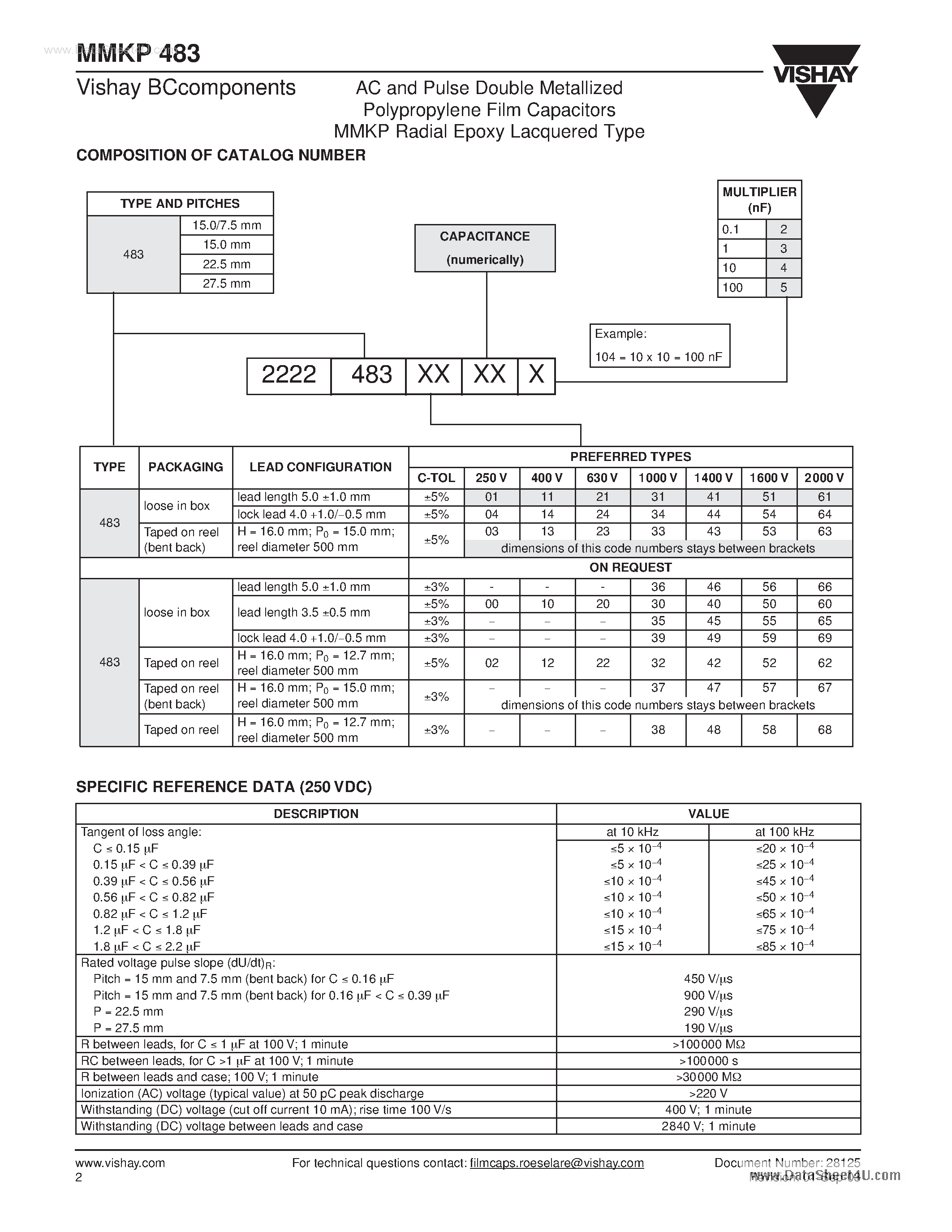 Даташит MMKP483 - AC and Pulse Double Metallized Polypropylene Film Capacitors страница 2