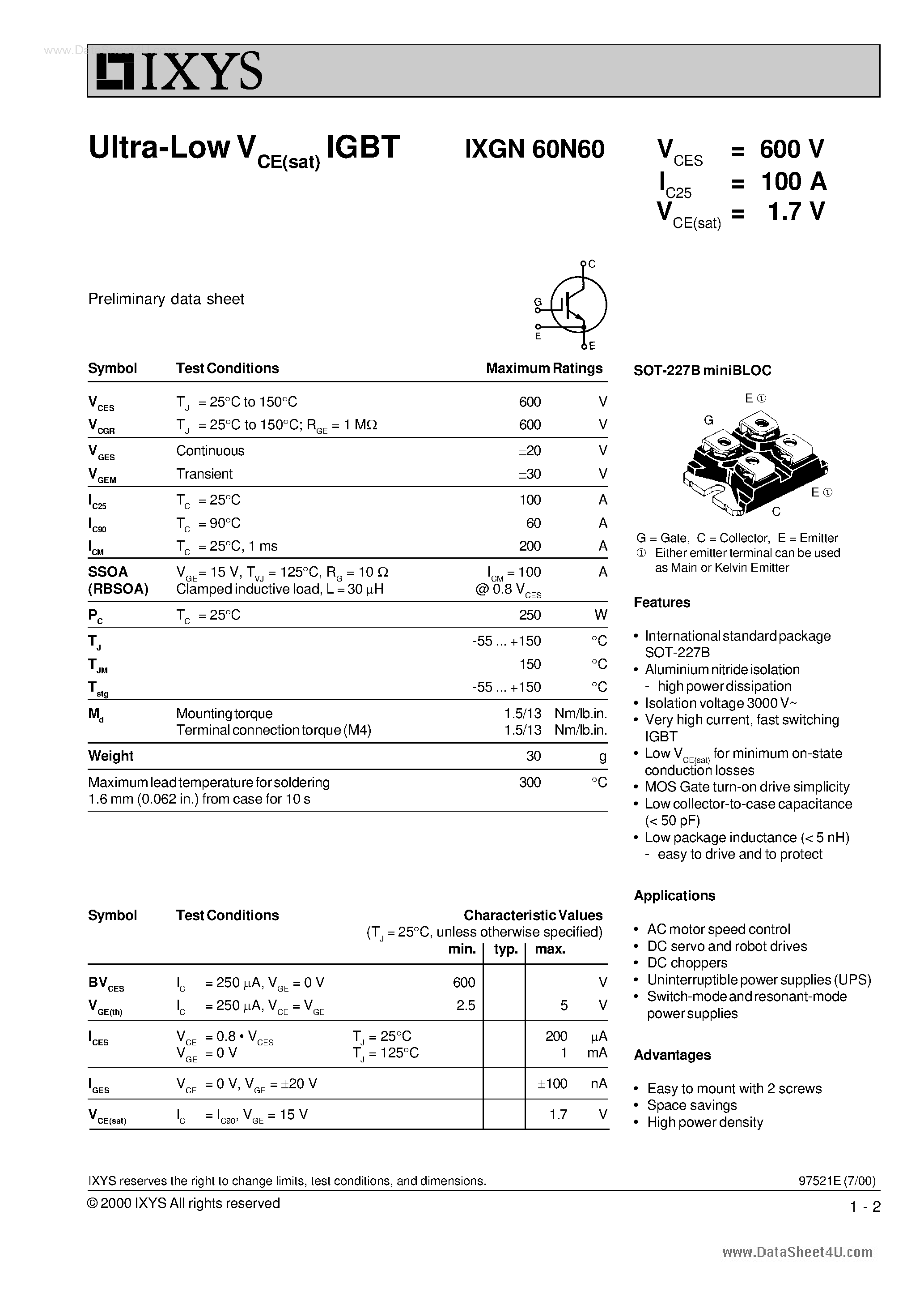 Даташит 60N60 - Ultra-low Vce(sat) Igbt страница 1