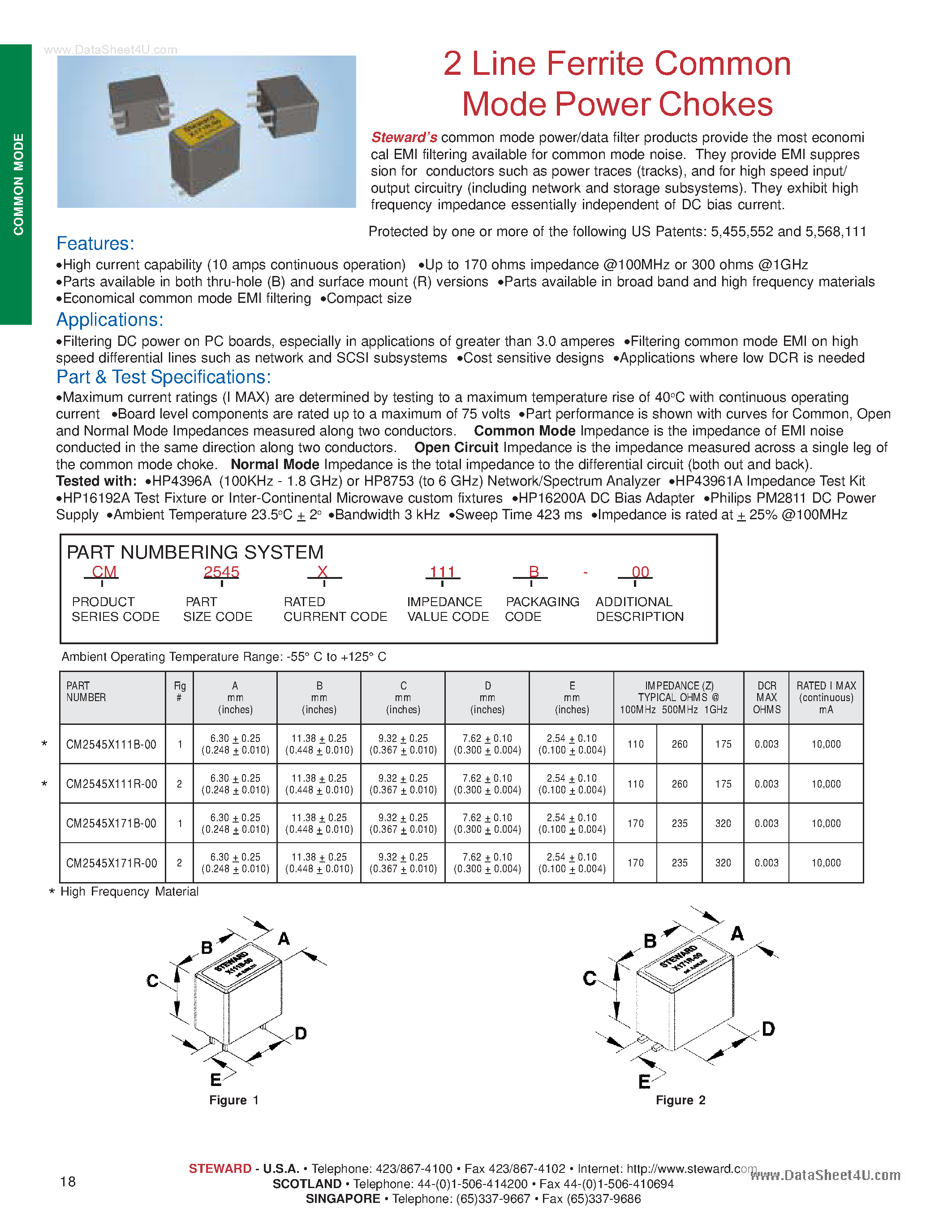 Datasheet CM2545X111B-00 - (CM2545X1x1x-00) 2 Line Ferrite Common Mode Power Chokes page 1