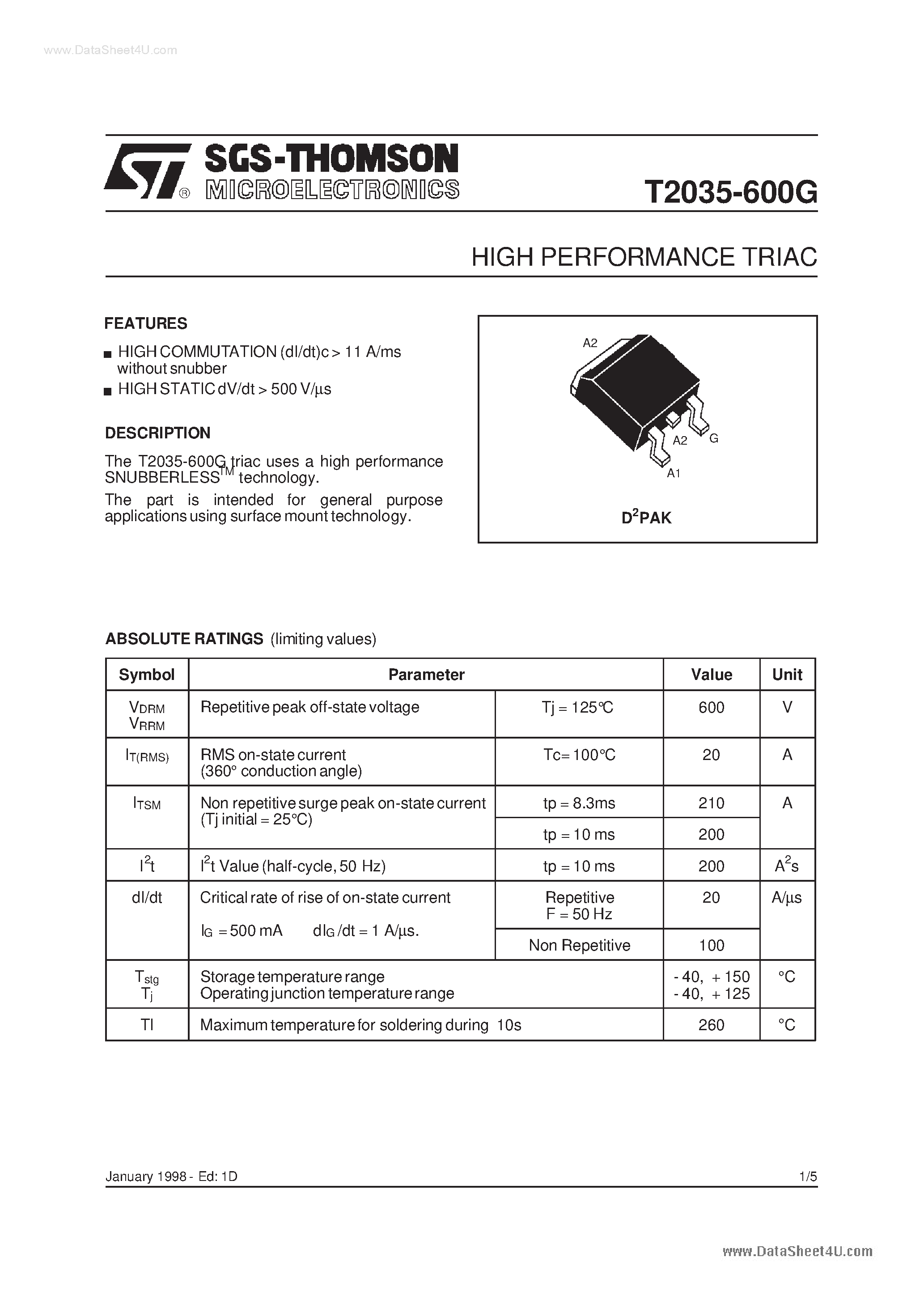 Datasheet T2035-600G page 1 Datasheet T2035-600G - HIGH PERFORMANCE TRIAC page 1