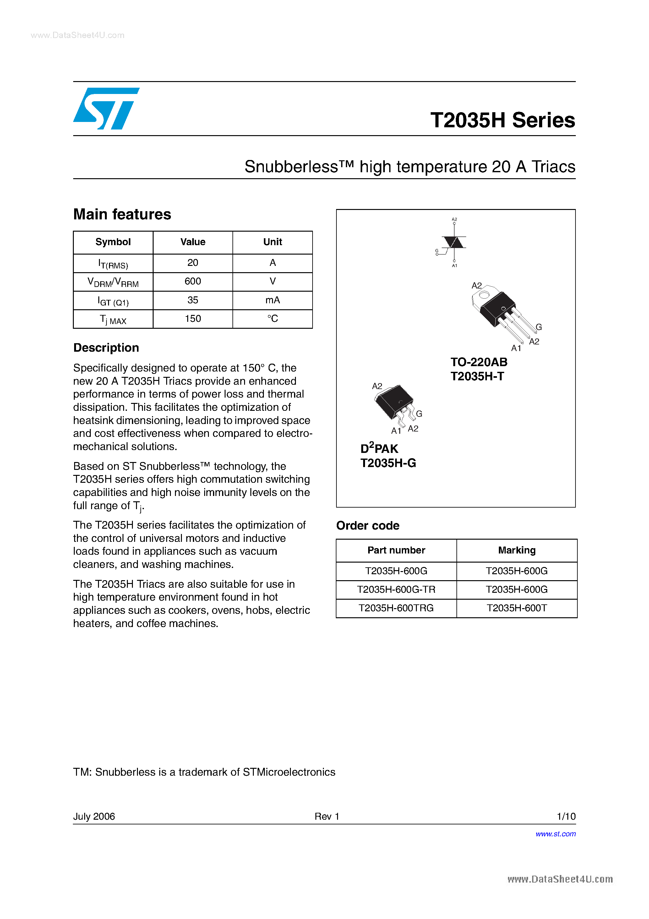 Datasheet T2035H page 1 Datasheet T2035H - High Temperature 20A Triacs page 1