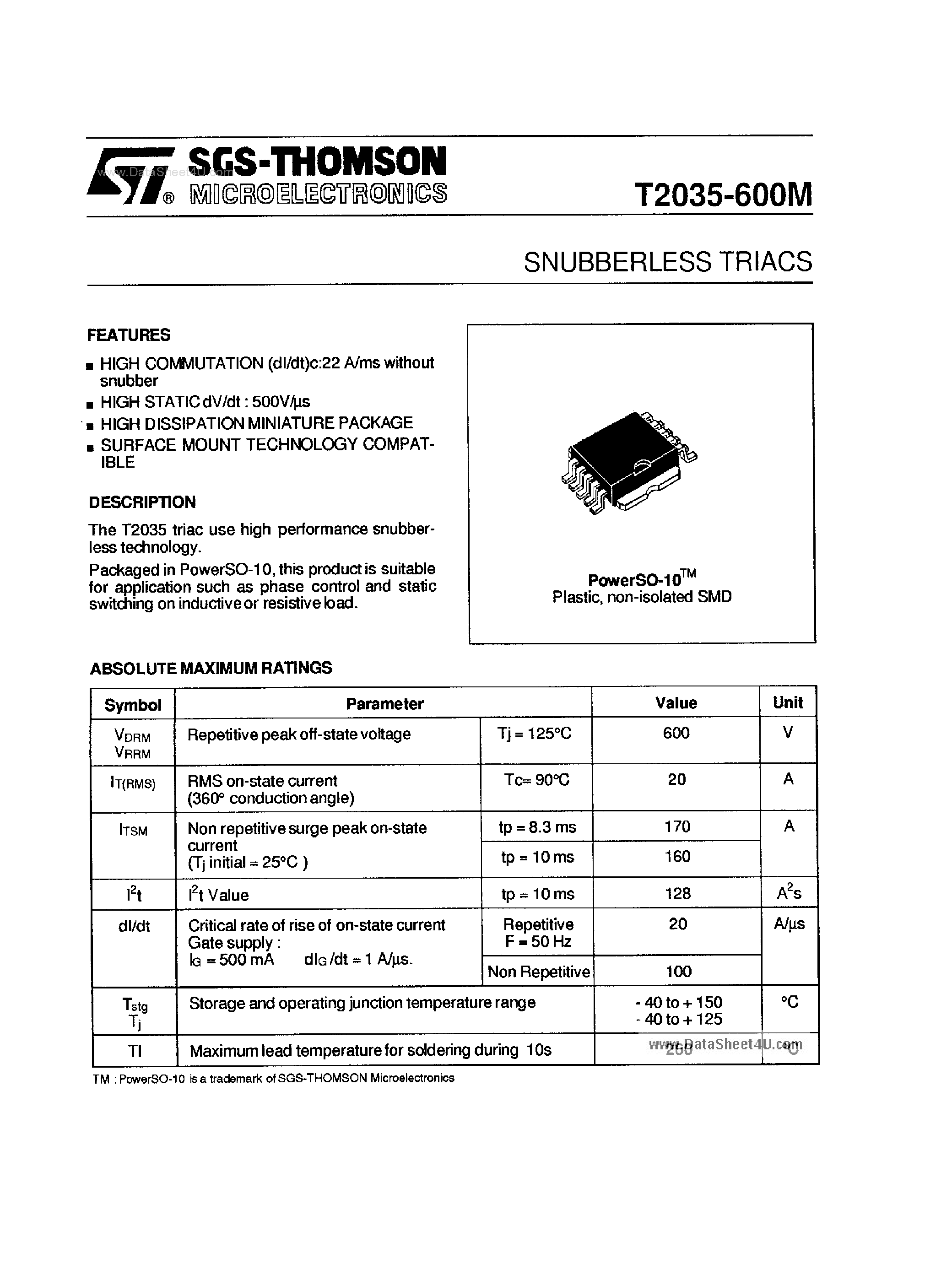 Datasheet T2035-600M - Snubberless Triacs page 1