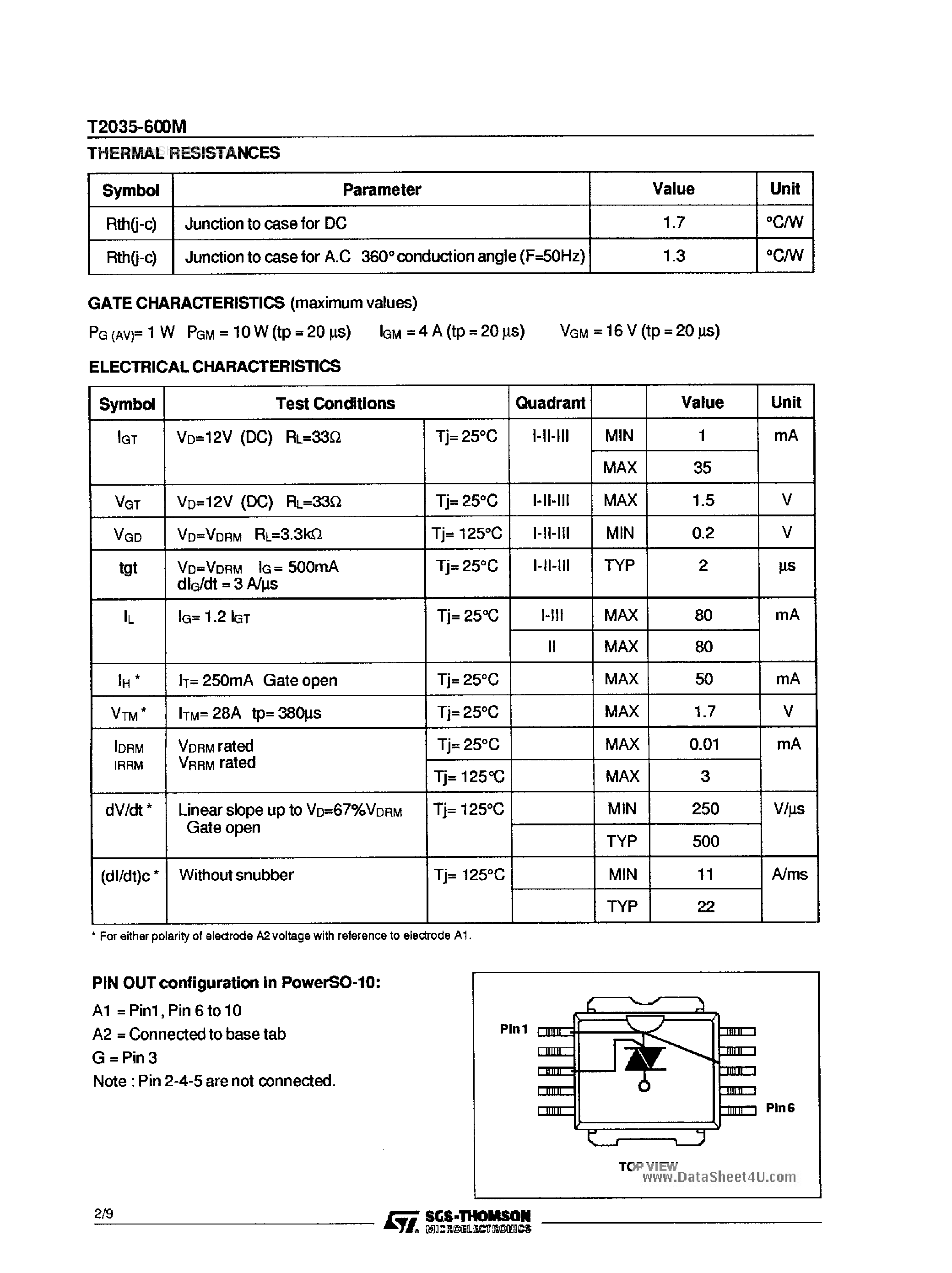 Datasheet T2035-600M - Snubberless Triacs page 2