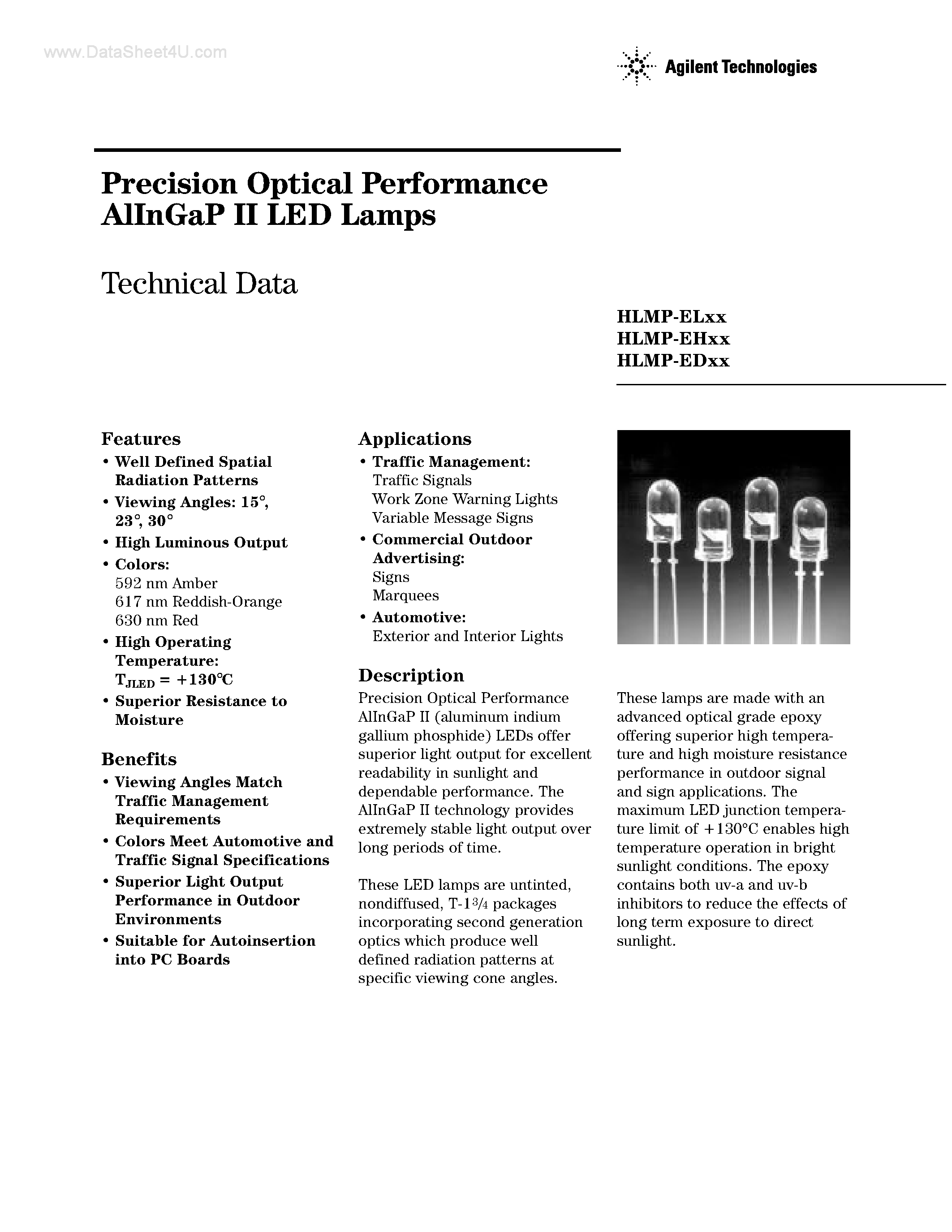 Datasheet HLMP-EGxx - T-1 (5mm) Precision Optical Performance AlInGaP LED Lamps page 1