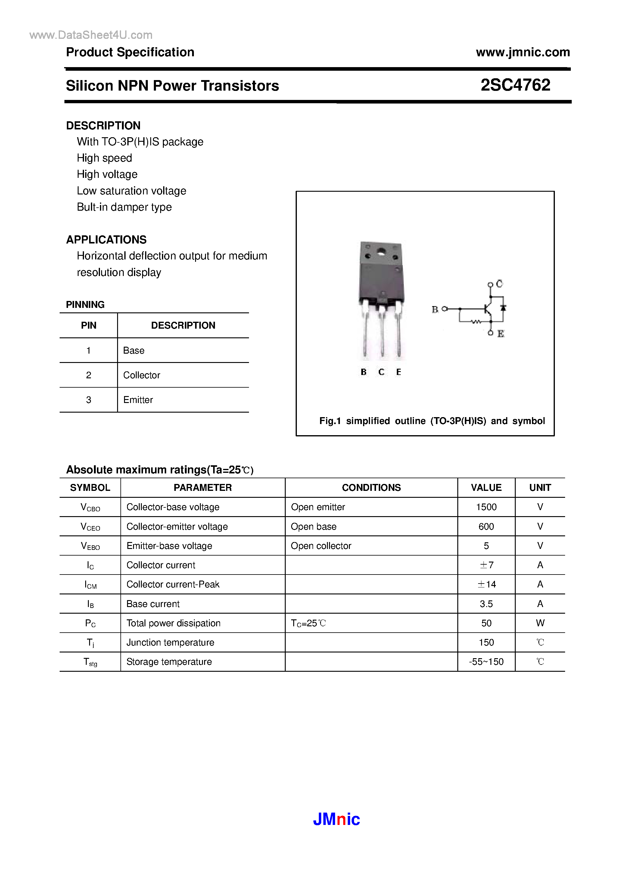 Datasheet 2SC4762 - Silicon NPN Power Transistors page 1