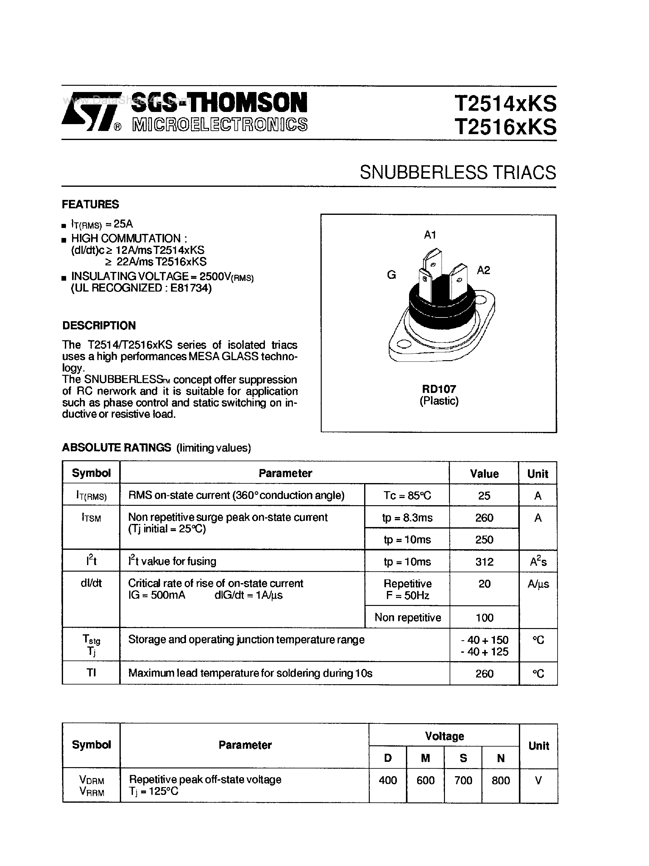 Datasheet T2514xKS - (T2514xKS / T2516xKS) Snubberless Triacs page 1