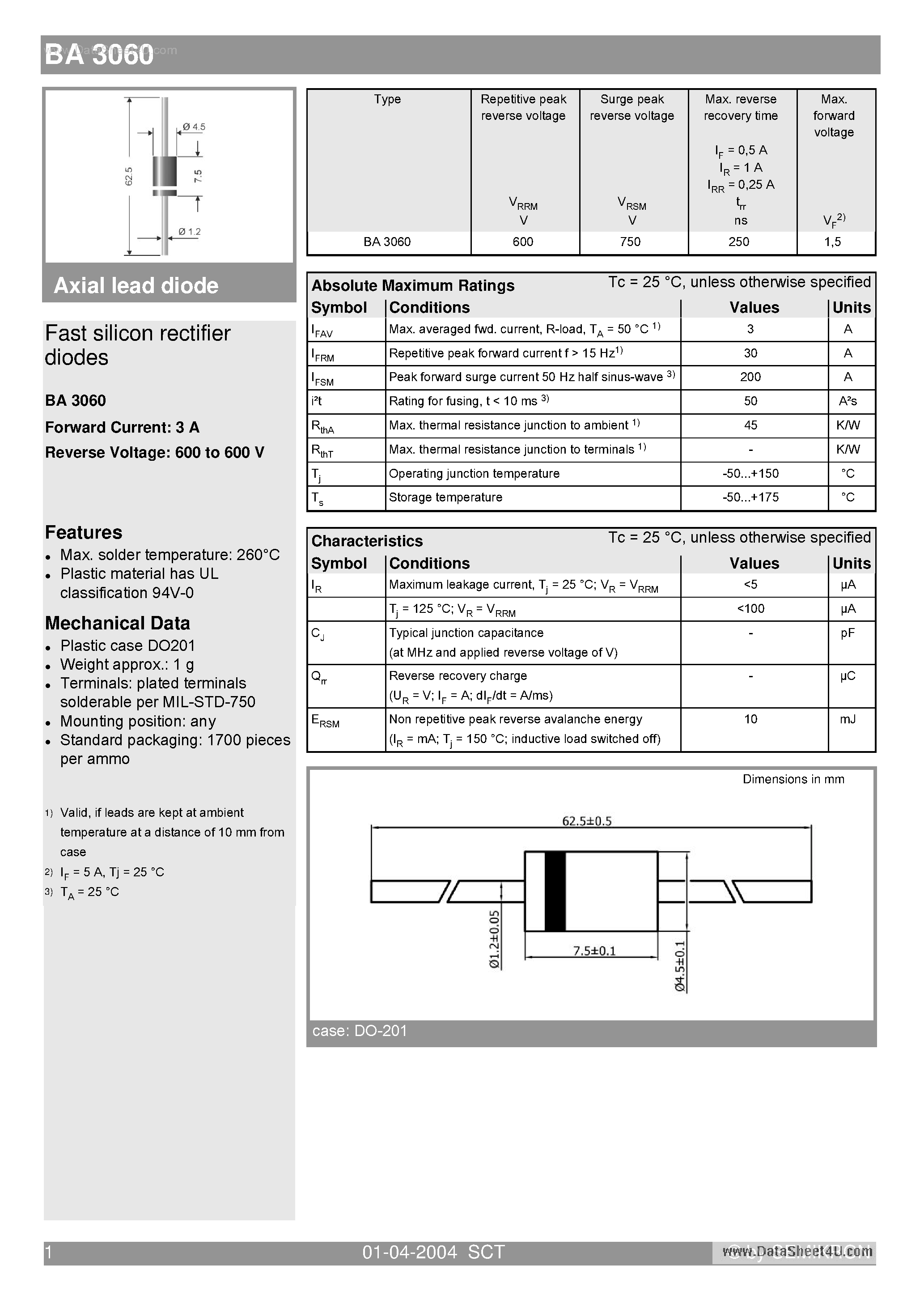 Datasheet BA3060 page 1 Datasheet BA3060 - Fast silicon rectifier diodes page 1