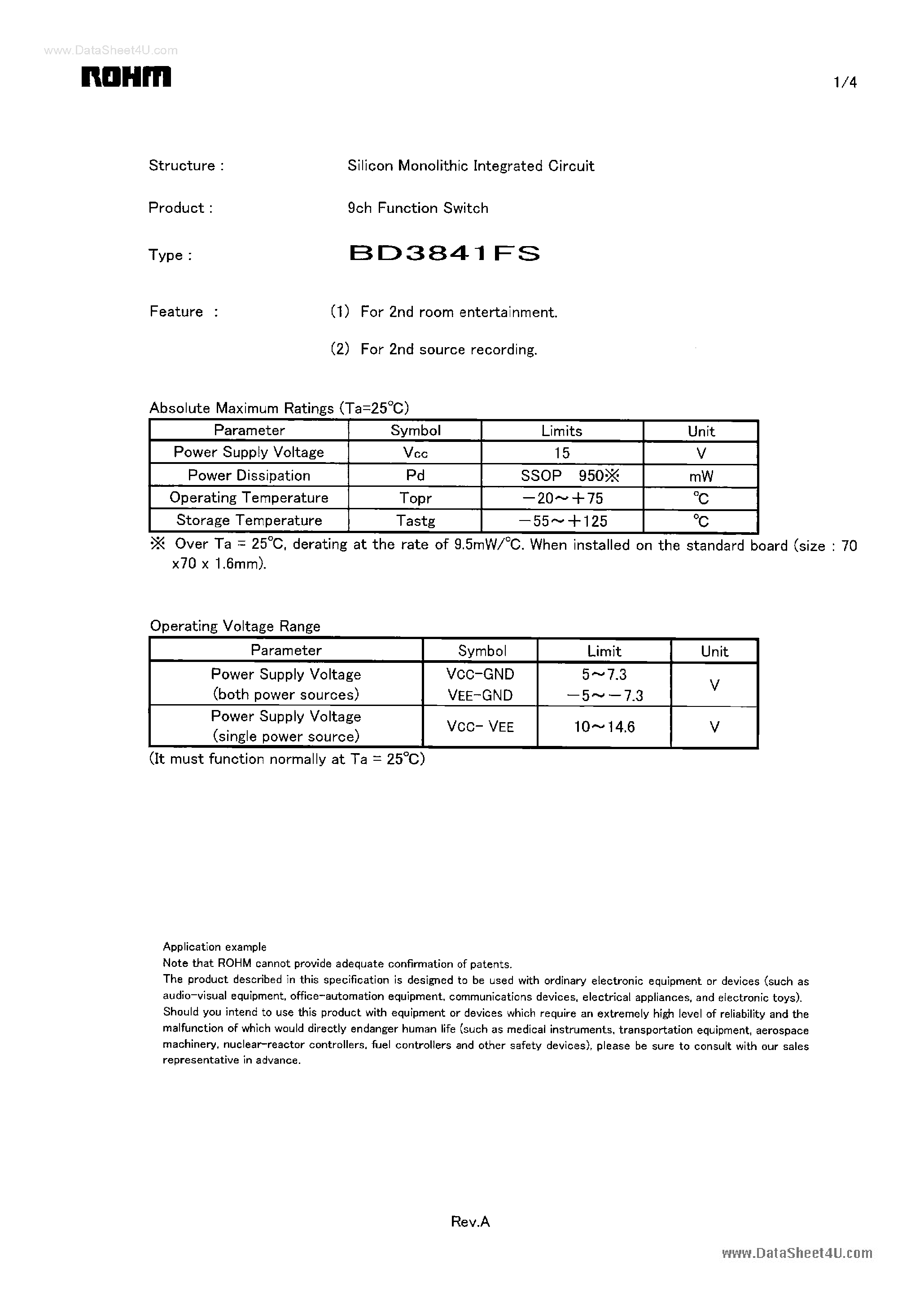 Даташит на микросхему BD3841FS страница 1 Даташит BD3841FS - 9ch Function Switch страница 1