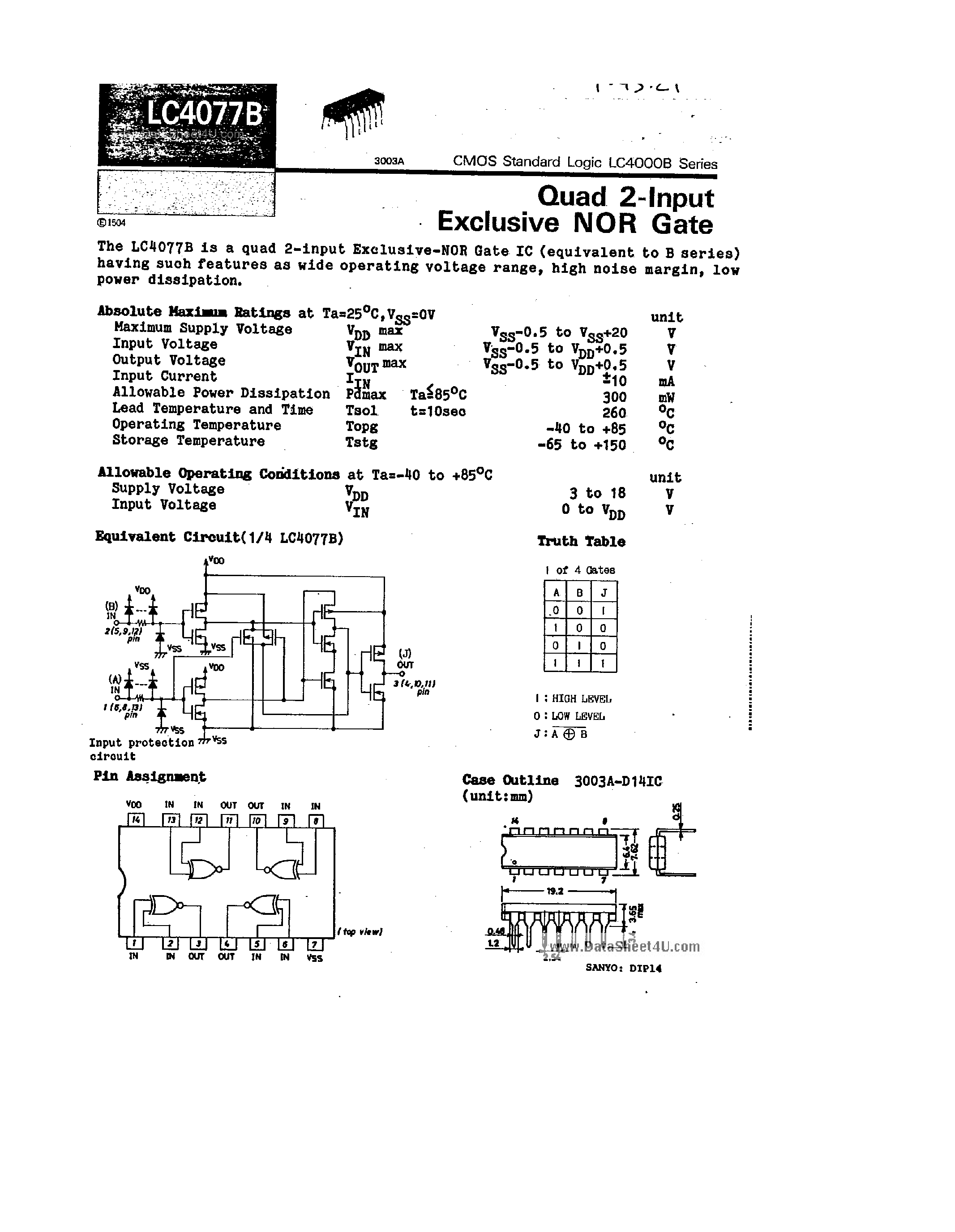 Datasheet LC4077B - Quad 2-Input Exclusive NOR Gate page 1