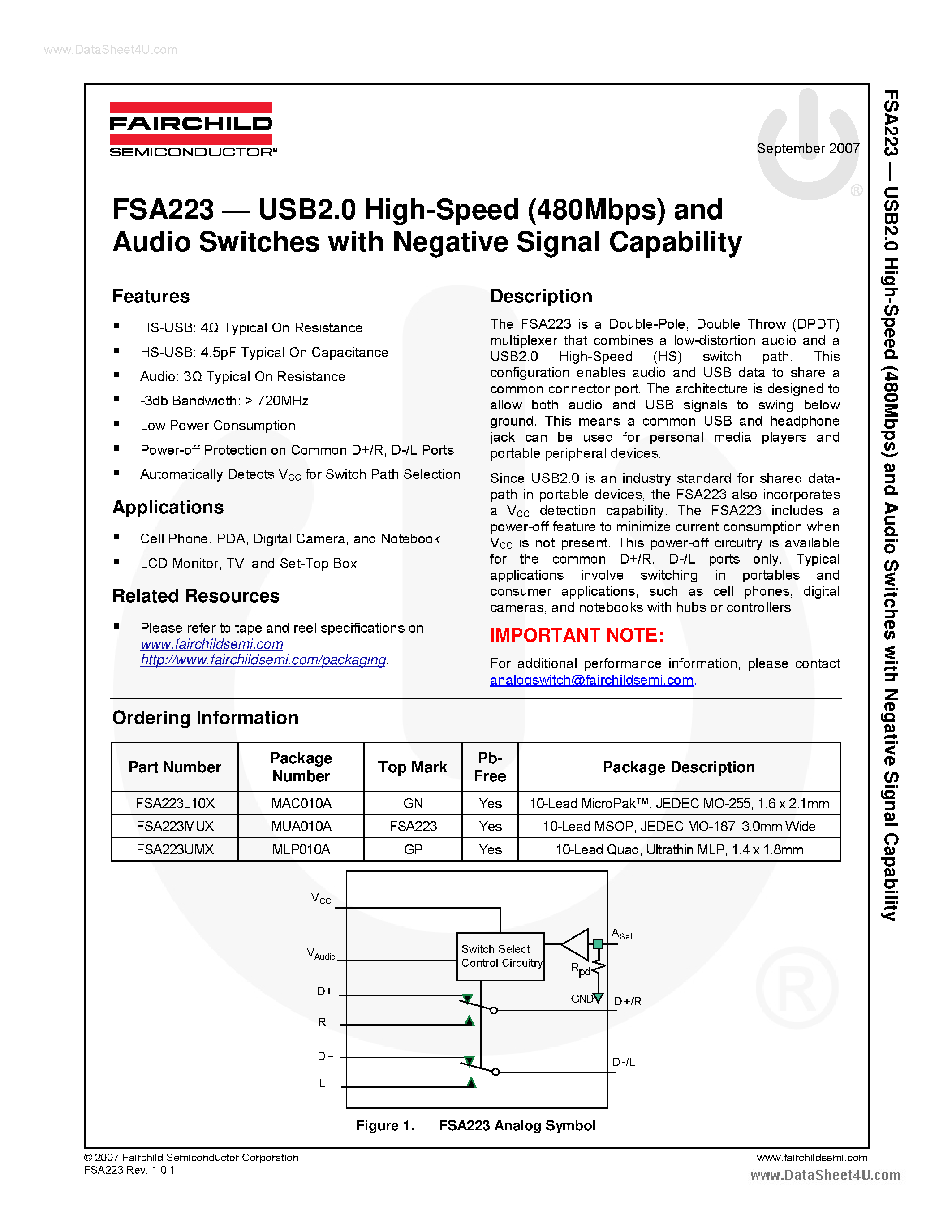 Даташит FSA223 - USB2.0 High-Speed (480Mbps) and Audio Switches страница 1