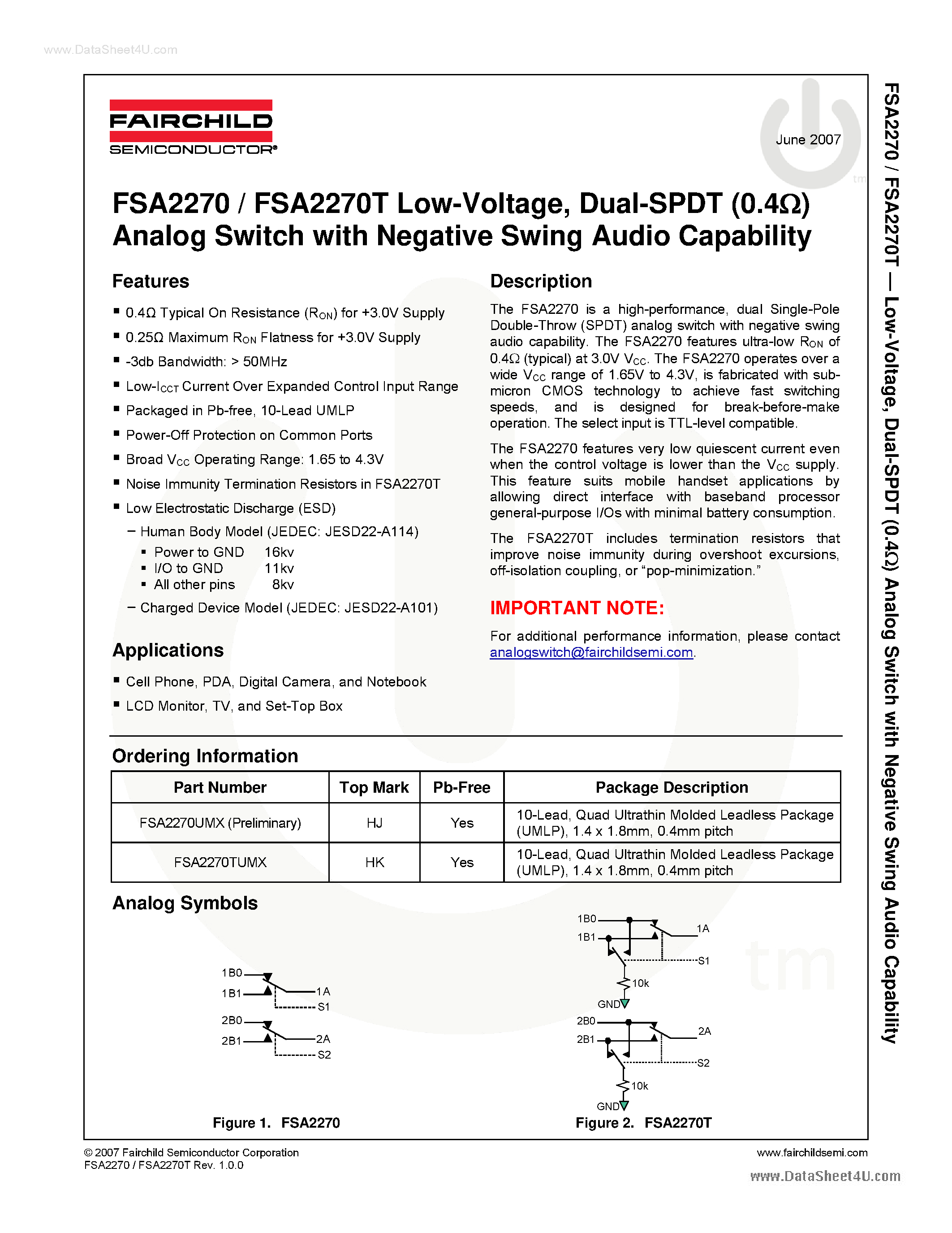 Даташит на микросхему FSA2270T страница 1 Даташит FSA2270T - Dual-SPDT Analog Switch страница 1