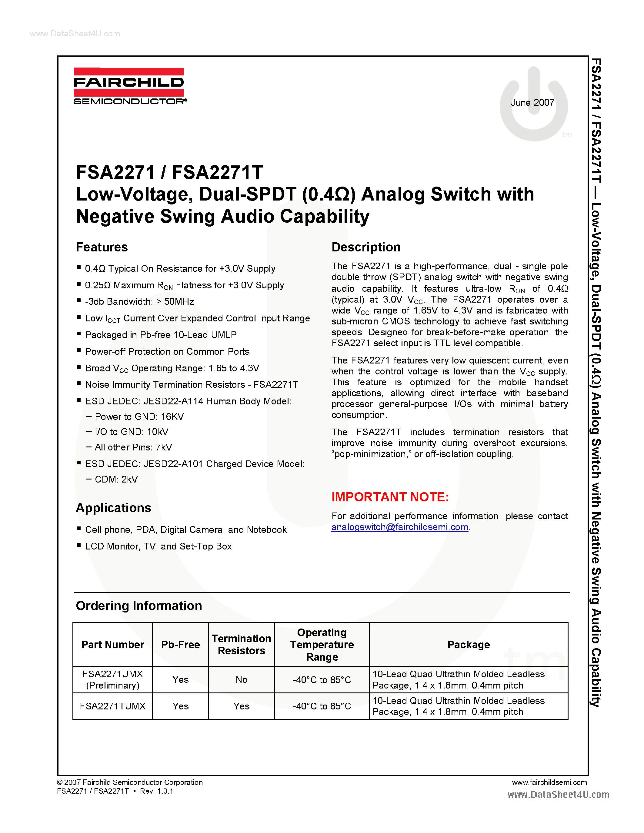 Даташит на микросхему FSA2271 страница 1 Даташит FSA2271 - Dual-SPDT Analog Switch страница 1