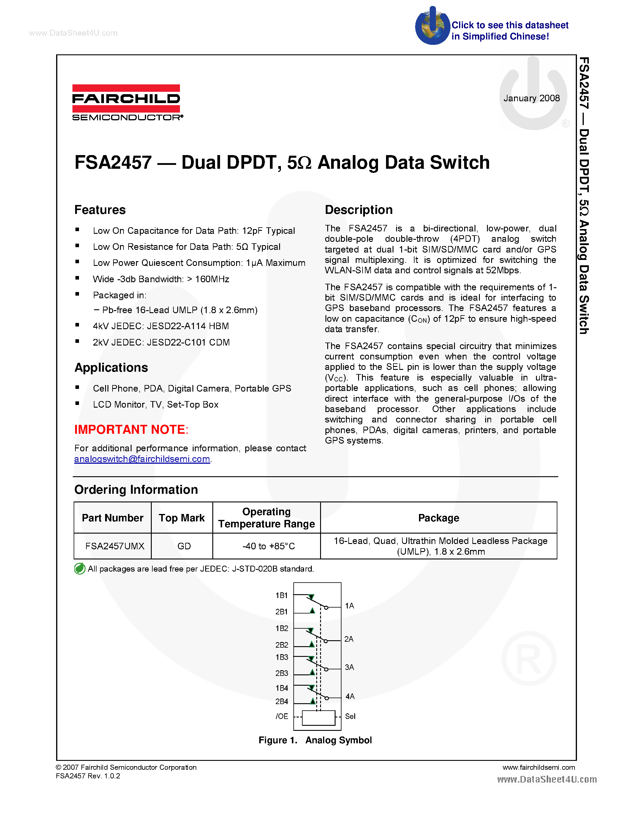 Даташит на микросхему FSA2457 страница 1 Даташит FSA2457 - Dual DPDT Analog Data Switch страница 1