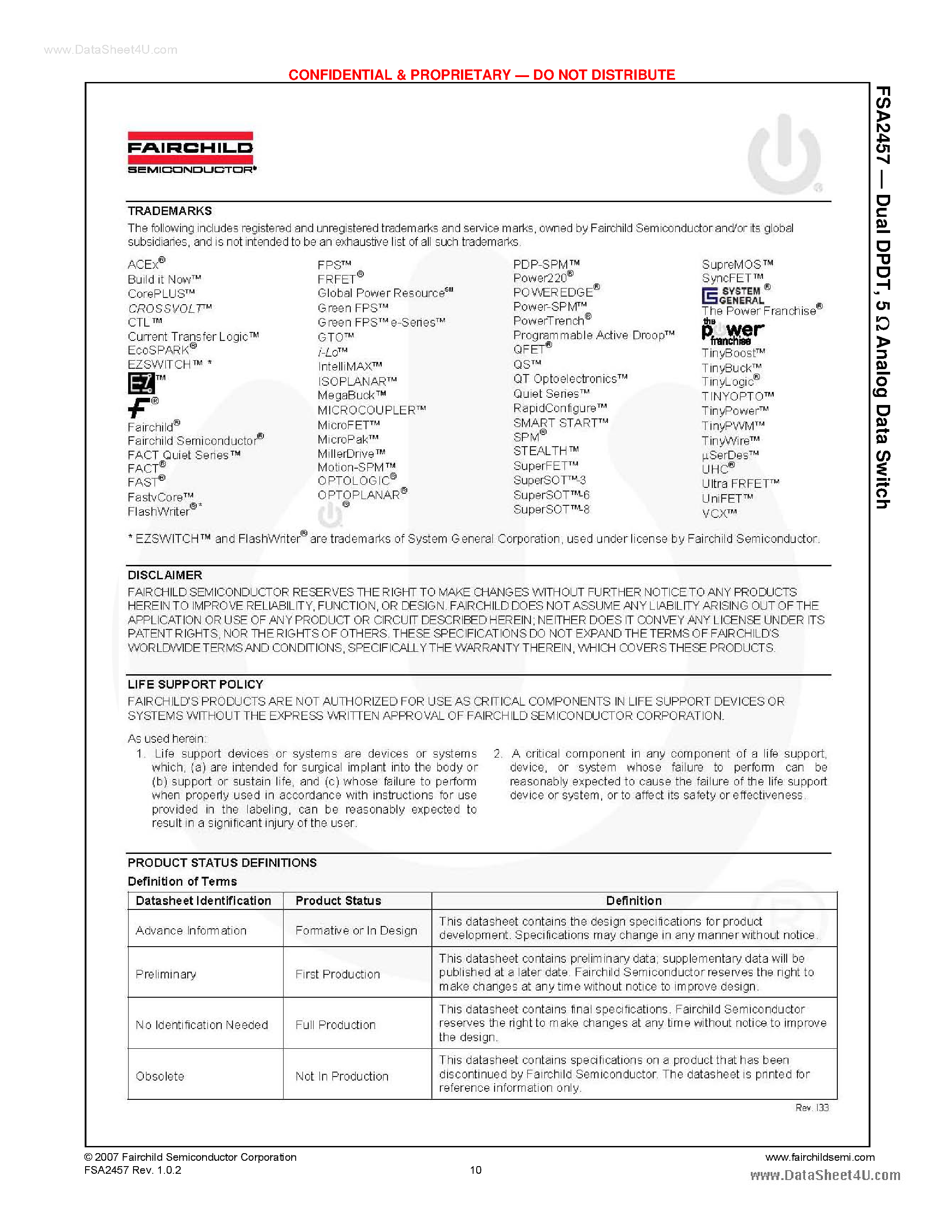 Даташит на микросхему FSA2457 страница 2 Даташит FSA2457 - Dual DPDT Analog Data Switch страница 2