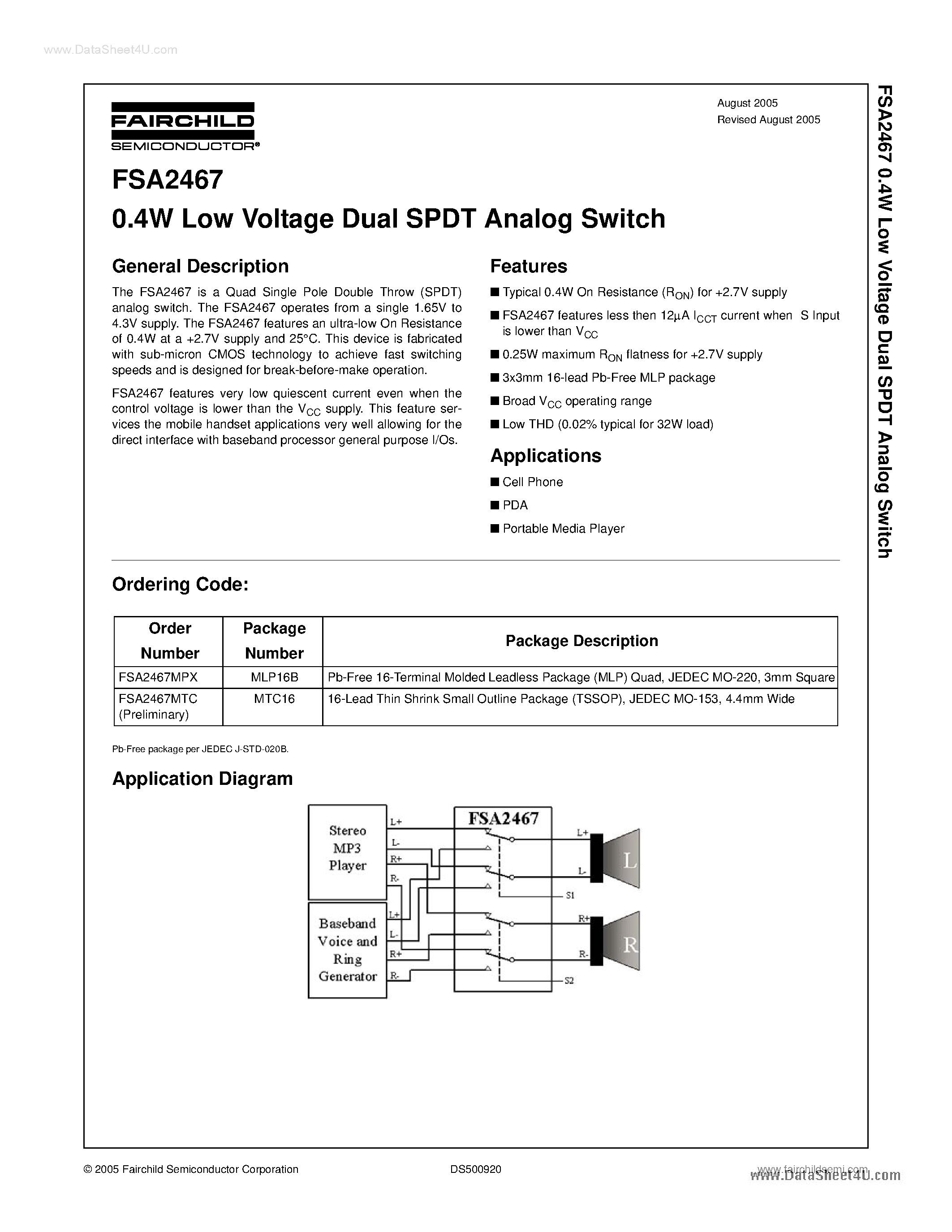 Даташит на микросхему FSA2467 страница 1 Даташит FSA2467 - Low Voltage Dual SPDT Analog Switch страница 1