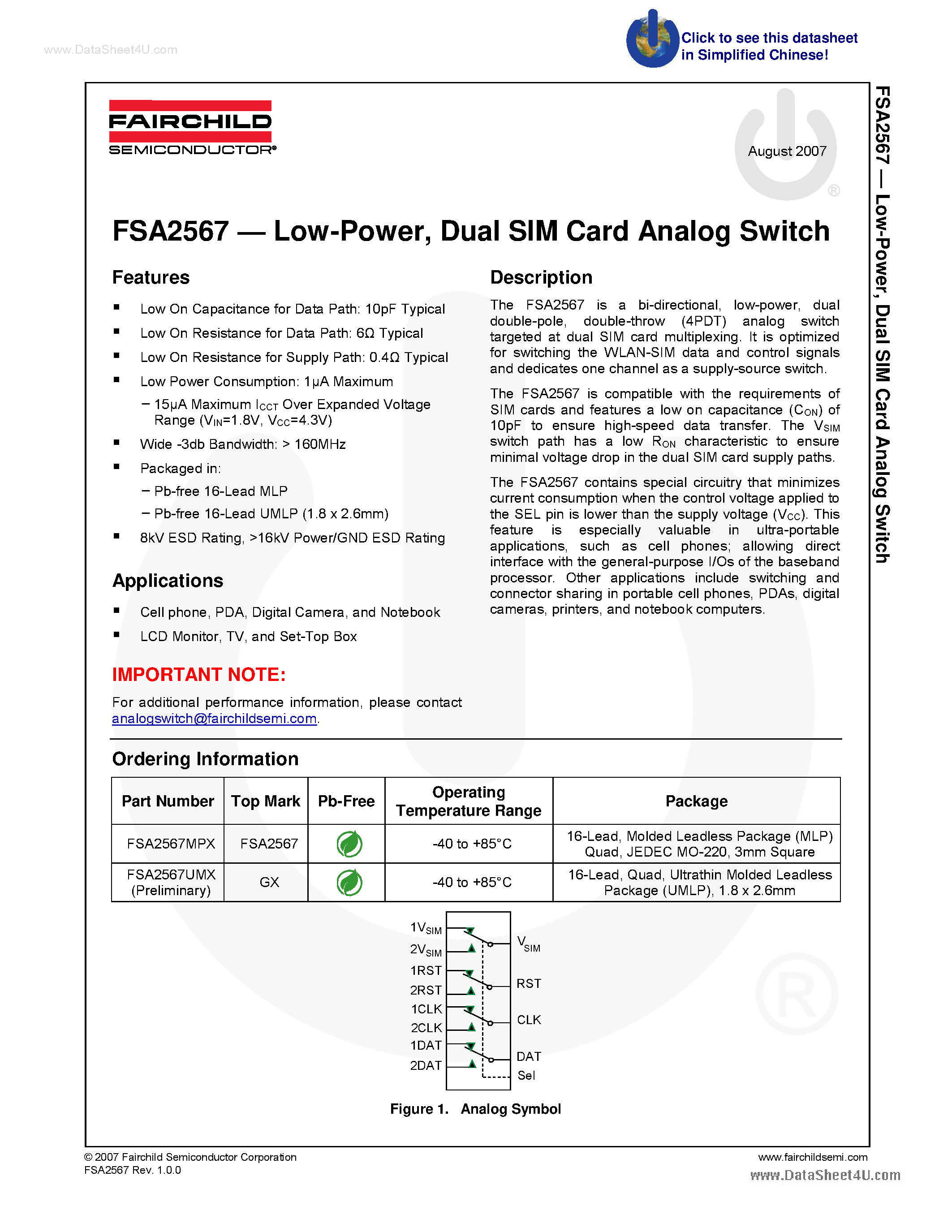 Даташит FSA2567 - Dual SIM Card Analog Switch страница 1
